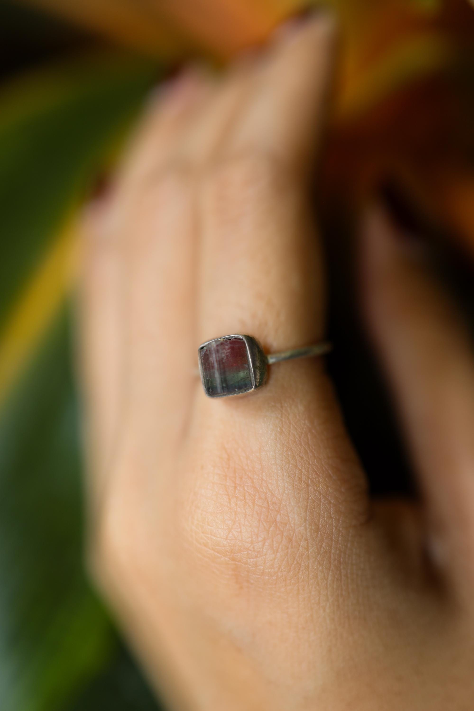 Size US 5 2/3 - Blue Cap Raw Watermelon Tourmaline - Fine 925 Sterling Silver Round Ring Band -