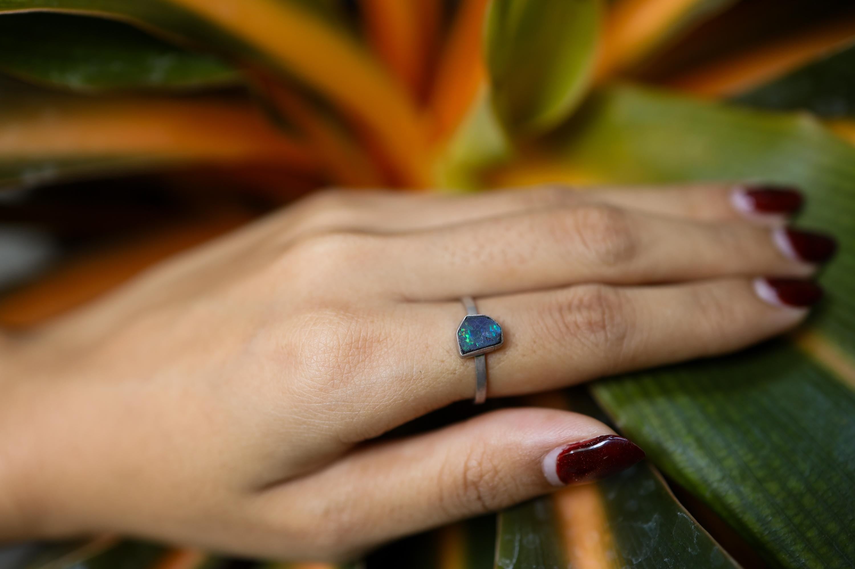Black Australian Opal Doublet - Size 6 1/2 US - Sterling Silver Ring Band & Setting