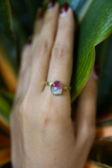 Gold-plated 925 sterling silver Watermelon Tourmaline stack ring shown worn on the hand, with pink green crystal colour zoning.
