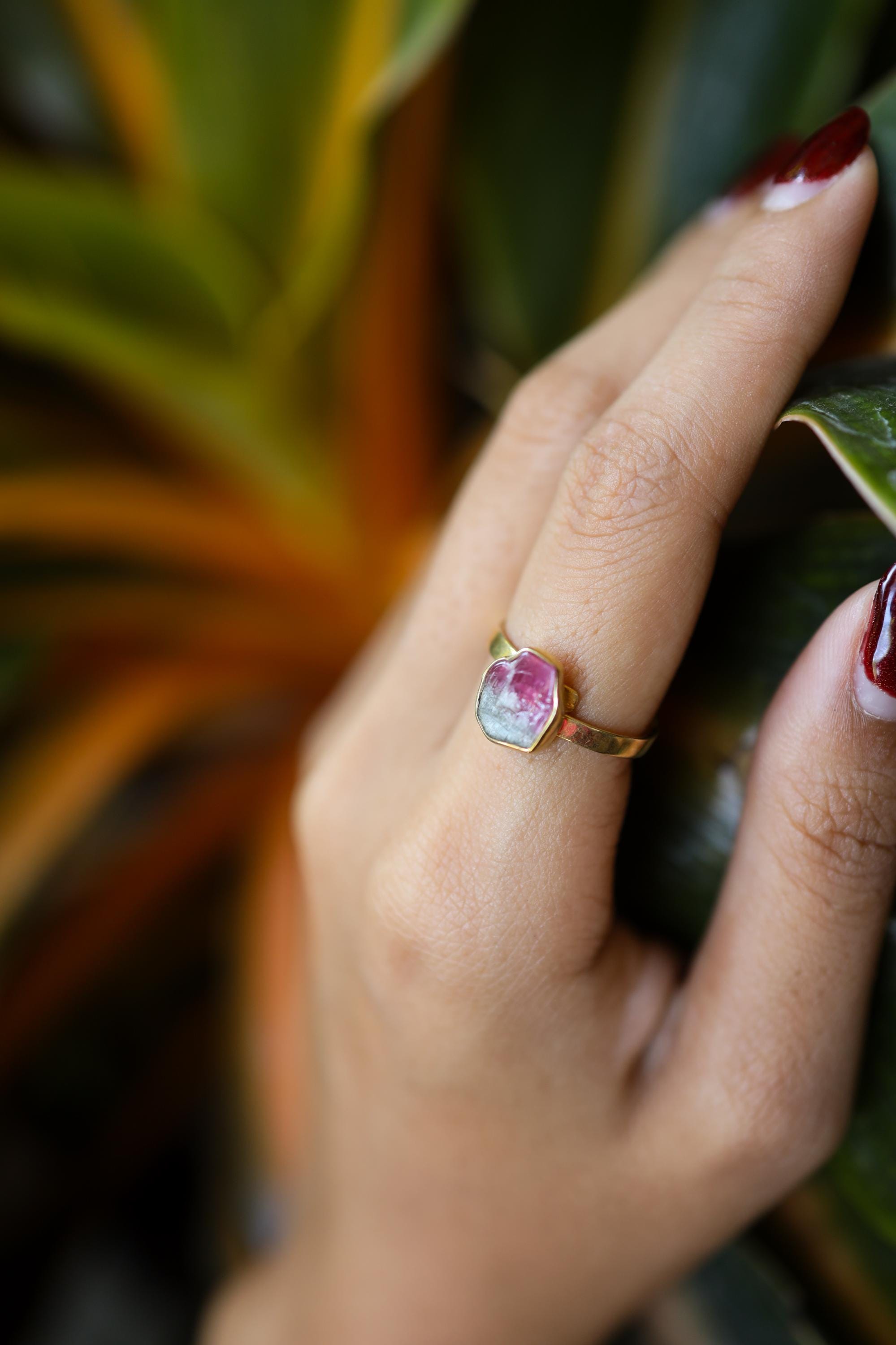 Watermelon Gem Tourmaline - Size 7 US - Gold Plated - Sterling Silver Crystal Ring