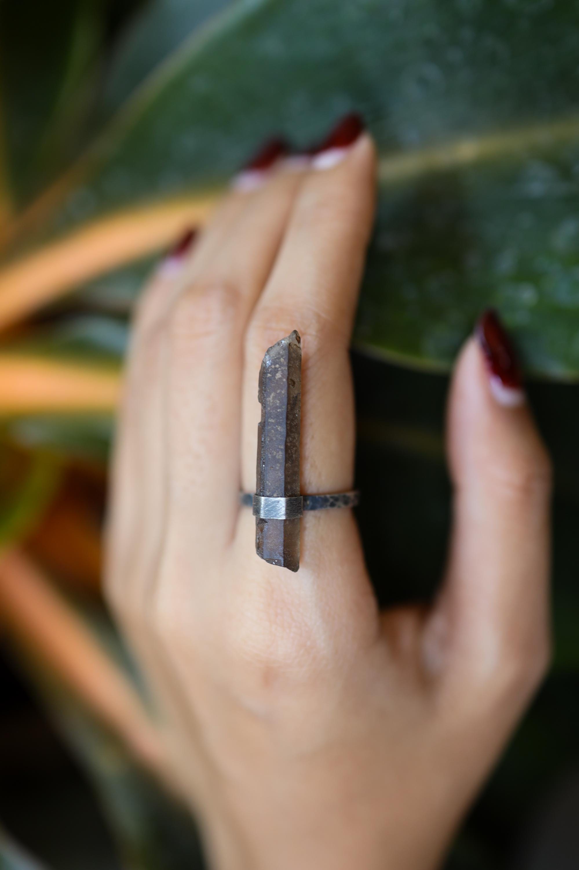 Australian Smoky Citrine Quartz ring worn on hand with oxidized sterling silver band.
