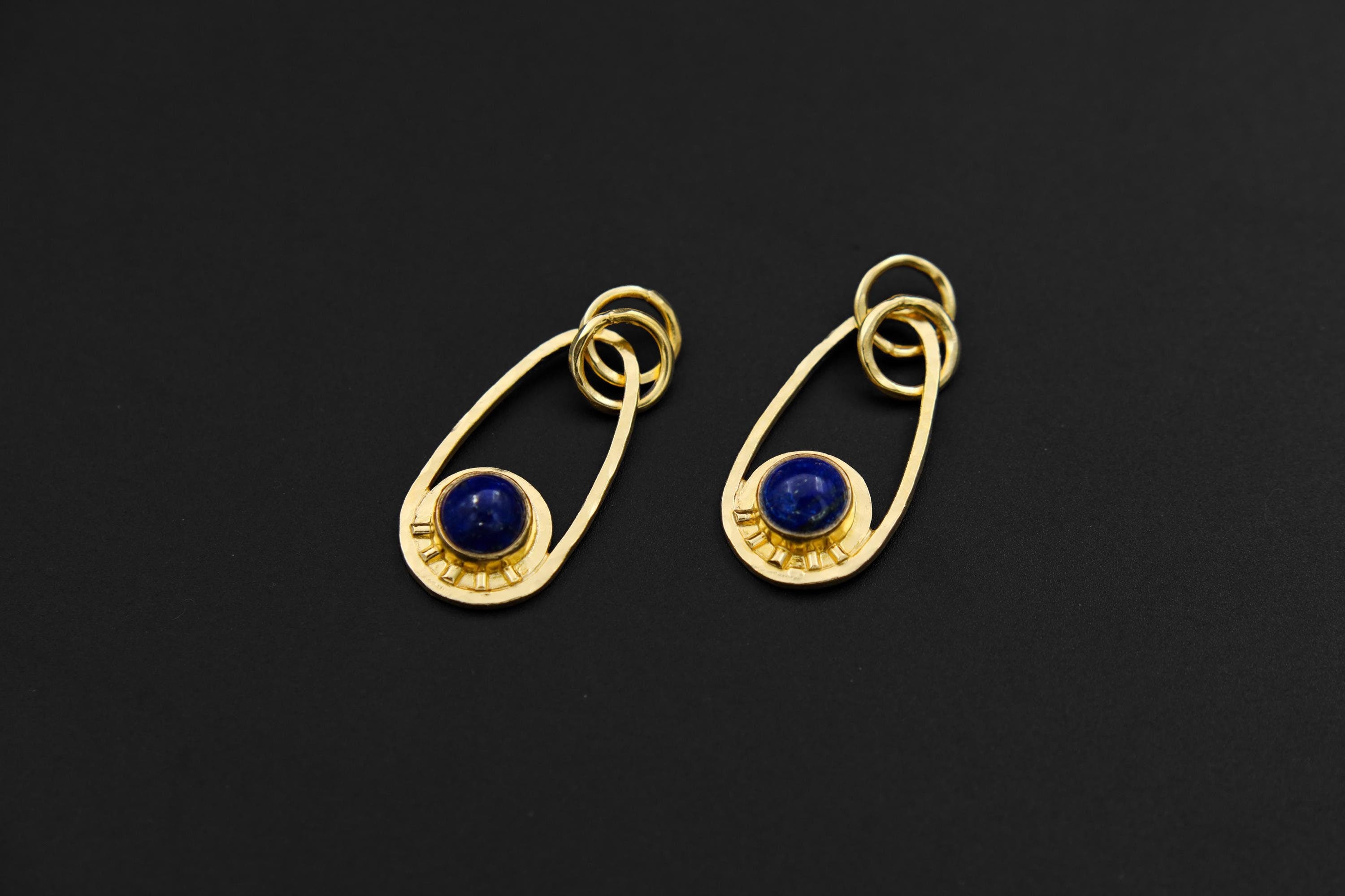 Round Lapis Lazuli Cab Pendant, Textured Sterling Silver, Sun & Moon Design, Throat Chakra, Sagittarius Zodiac, Unique Gift, 18K Gold Plated