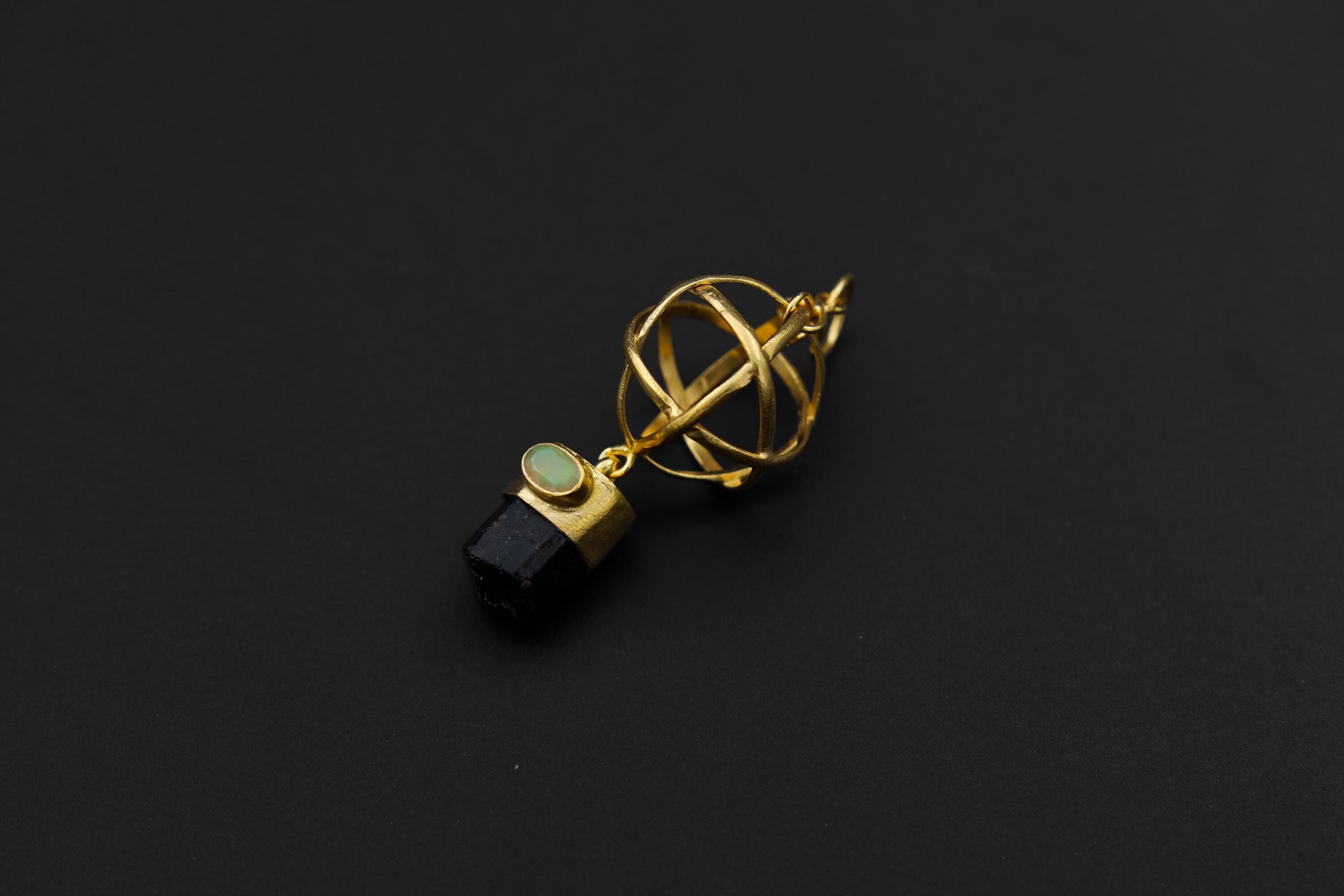 Brown Tourmaline & Opal Pendant: 18K Gold-Plated Sterling Silver, Libra Zodiac