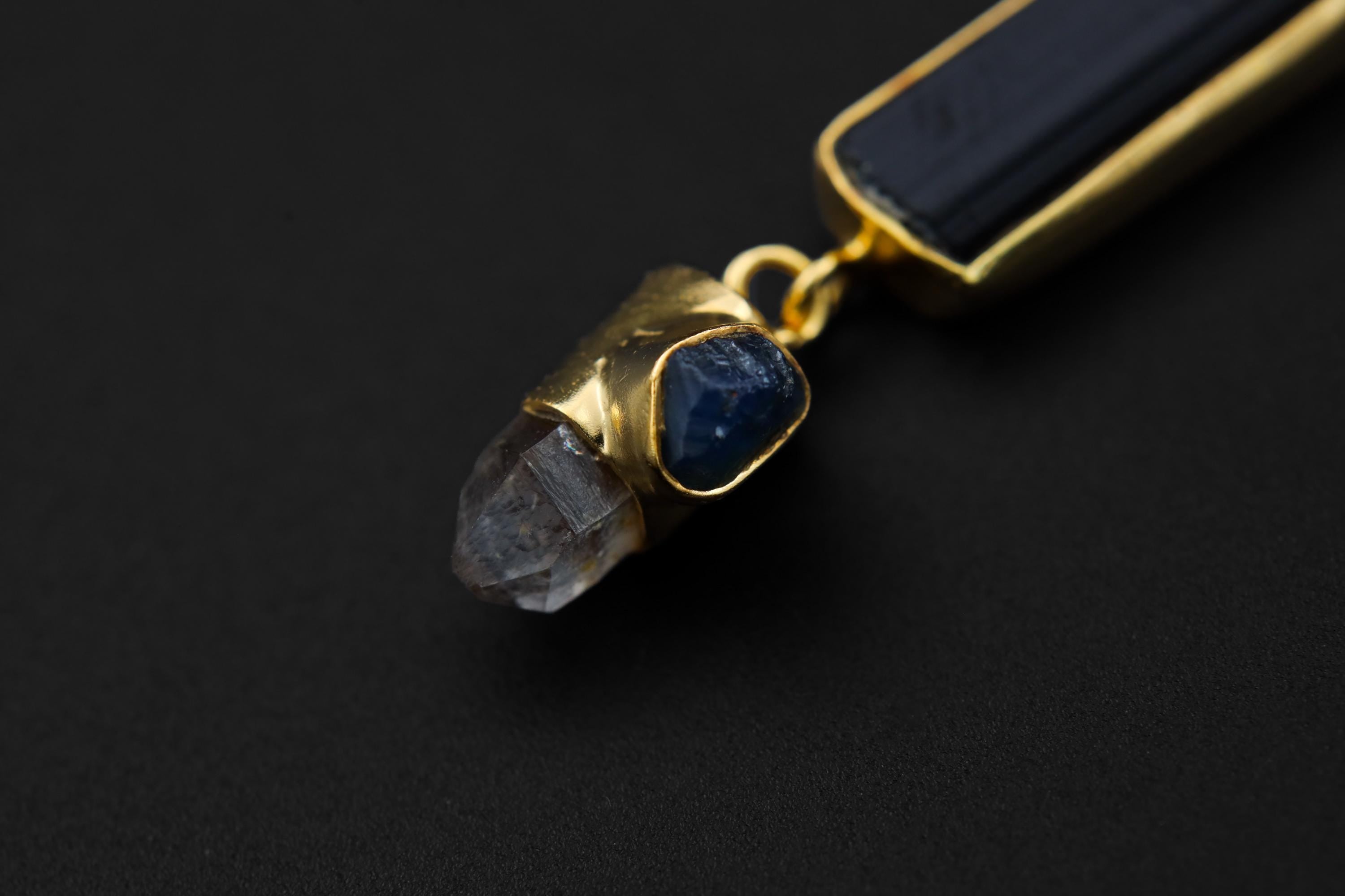 Blue Moonstone, Raw Tourmaline, Light Smoky Quartz & Blue Sapphire Pendant, Sterling Silver, 18k Gold Plated, Libra Zodiac Emotional Balance