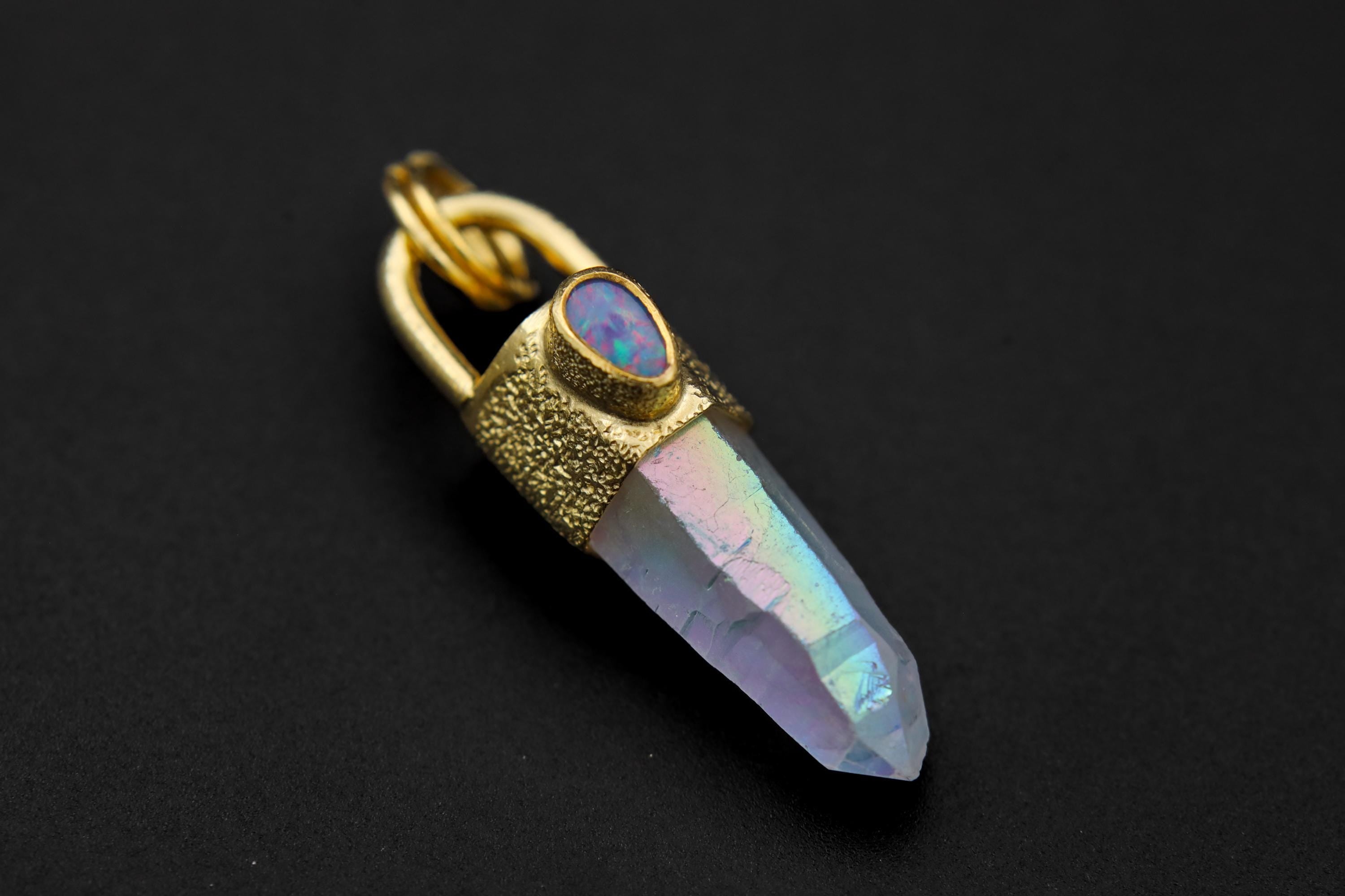 Opal Angel Aura Quartz Pendant: 18K Gold-Plated Sterling Silver, Cosmic Jewelry