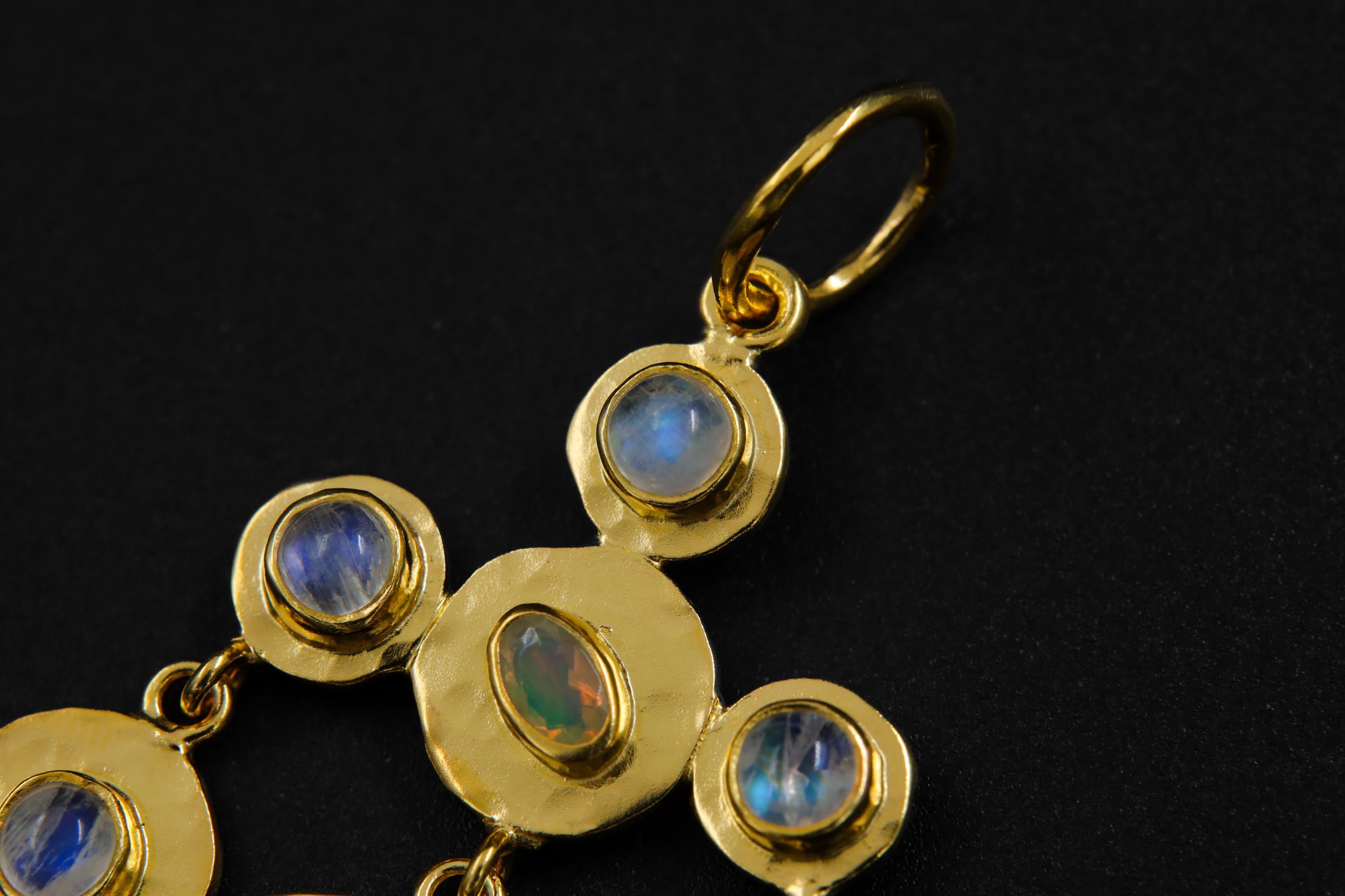 Five Blue Moonstones, Faceted Ethiopian Opal & Labradorite Pendant, 18K Gold-Plated Sterling Silver, Hammer Textured, Unique Gift