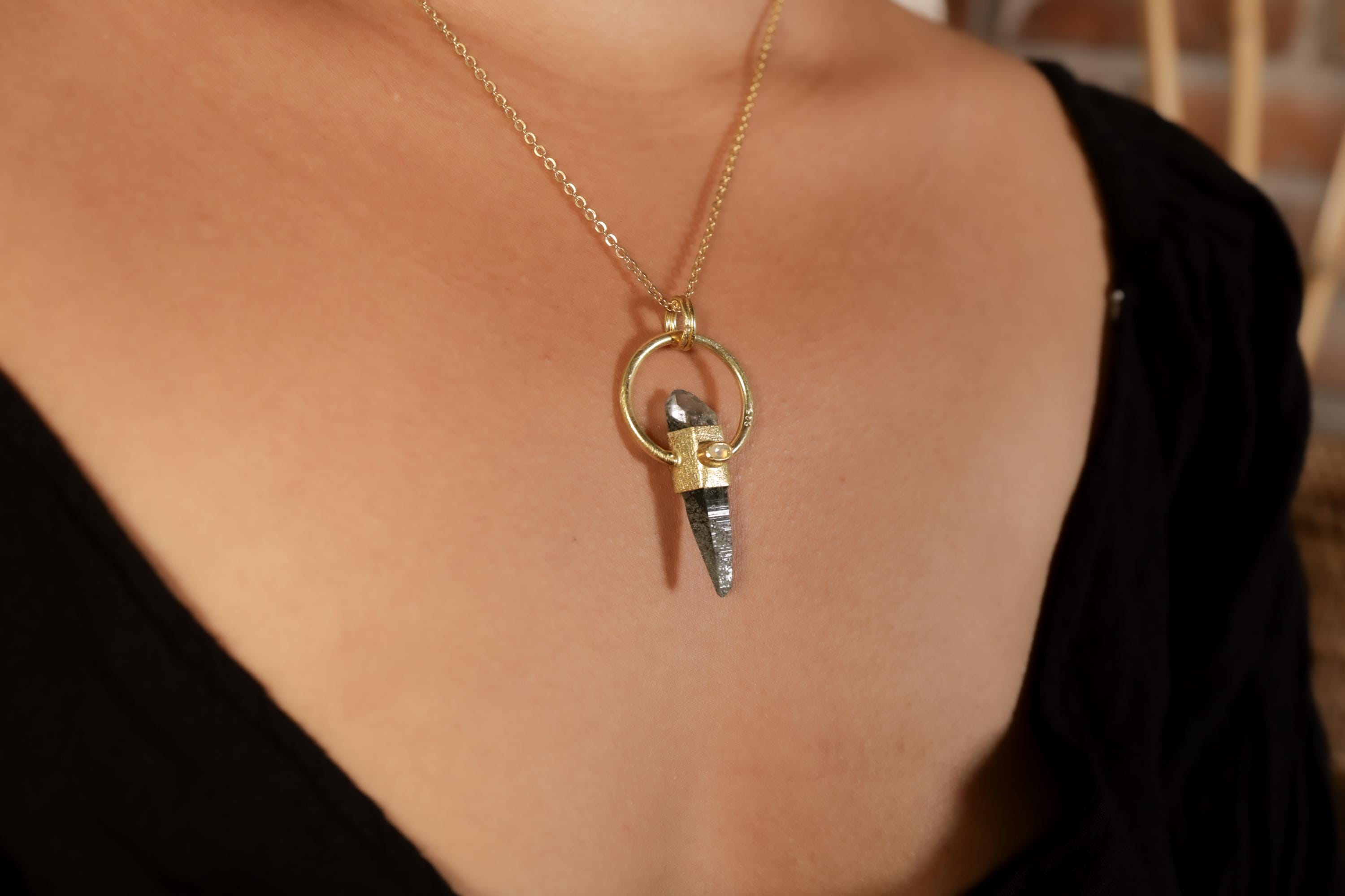 Double Terminated Himalayan Chlorite Quartz & Faceted Opal Pendant, Sterling Silver Textured, 18K Gold Plated, Spiritual Growth, Unique Gift