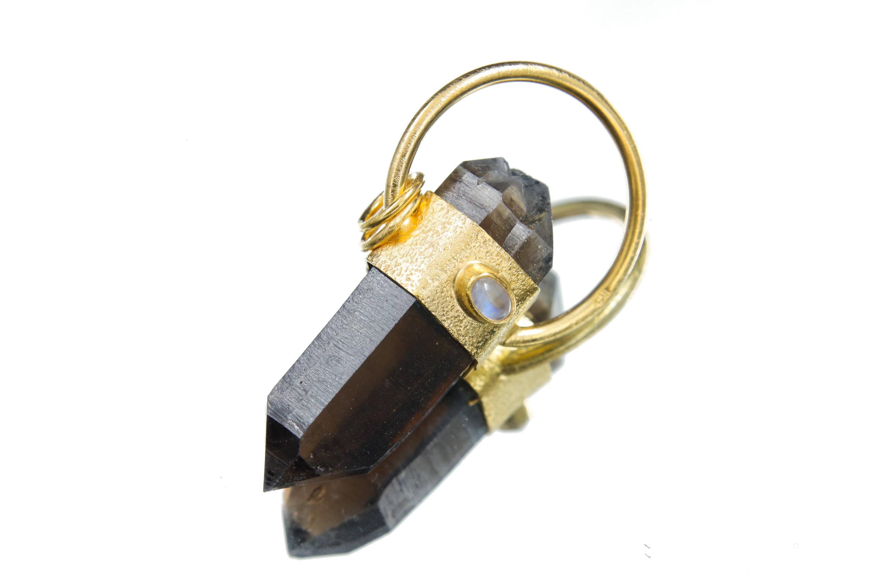 Double Terminated Smoky Cathedral Quartz & Moonstone Sterling Silver Textured Pendant, Glen Innes Quartz 18K Gold-Plated Scorpio Unique Gift
