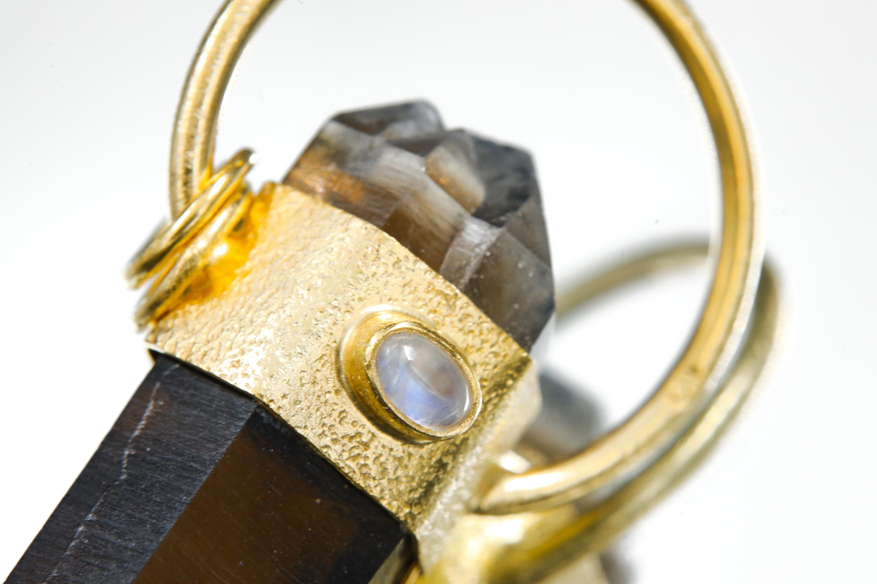 Double Terminated Smoky Cathedral Quartz & Moonstone Sterling Silver Textured Pendant, Glen Innes Quartz 18K Gold-Plated Scorpio Unique Gift