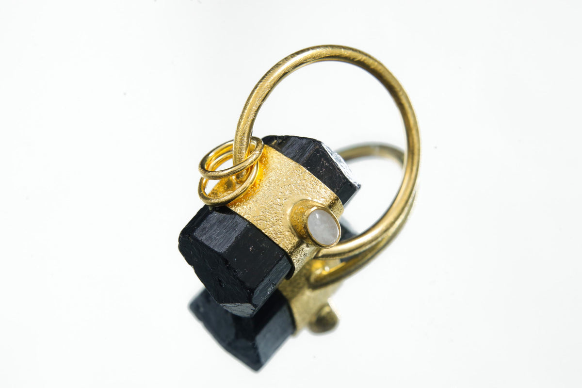 Black Tourmaline Moonstone Pendant: Sand Texture Sterling Silver, 18k Gold Plated