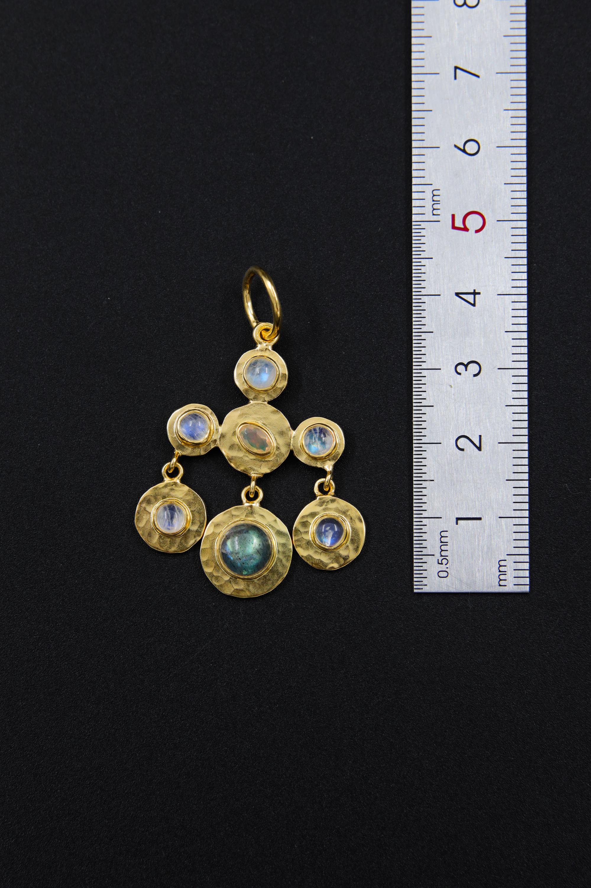 Five Blue Moonstones, Faceted Ethiopian Opal & Labradorite Pendant, 18K Gold-Plated Sterling Silver, Hammer Textured, Unique Gift