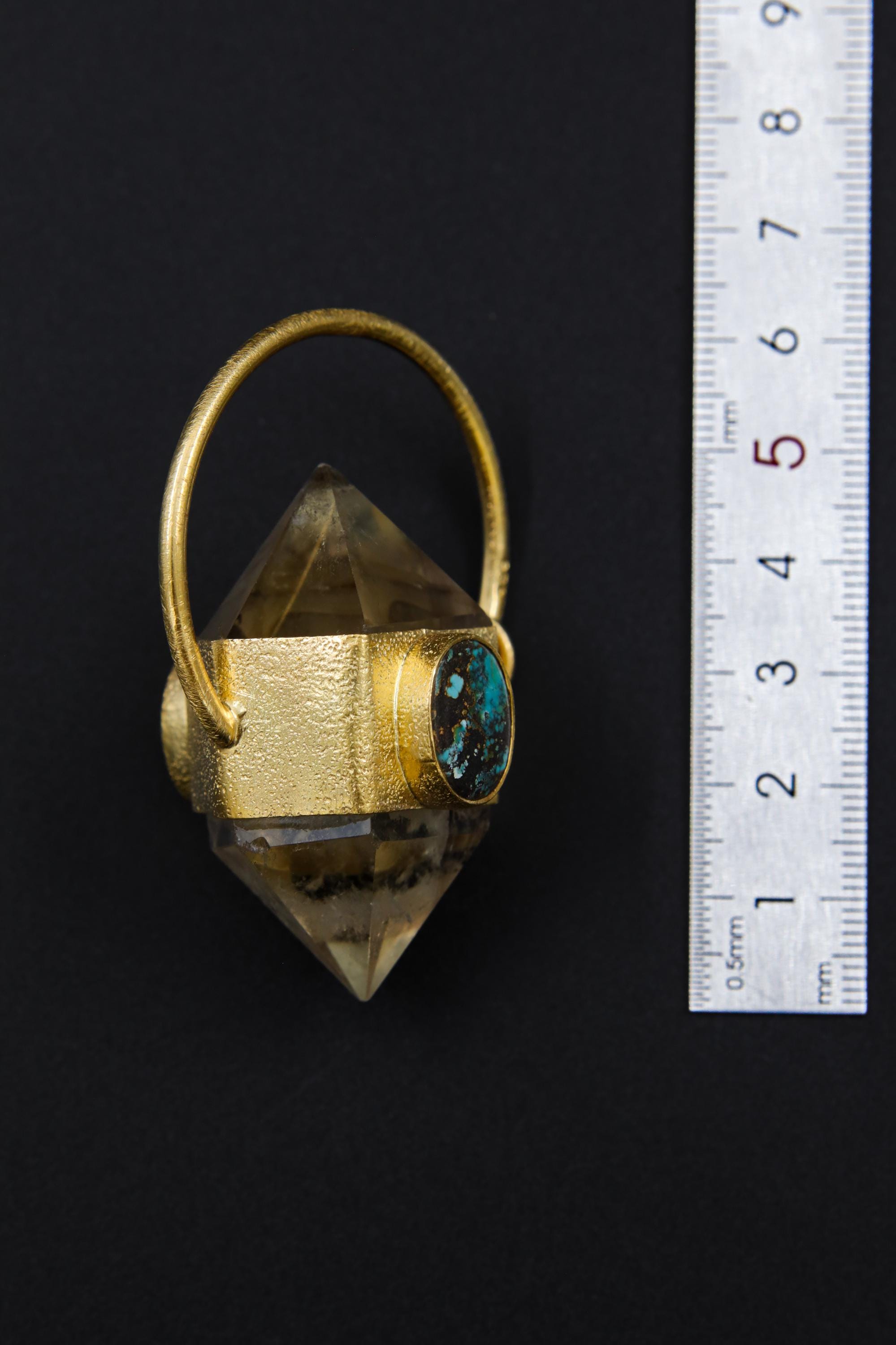 Cut Double Terminated Citrine Generator Quartz & Two Oval Tibetan Turquoise Pendant, Sterling Silver Textured, 18K Gold Plated, Unique Gift