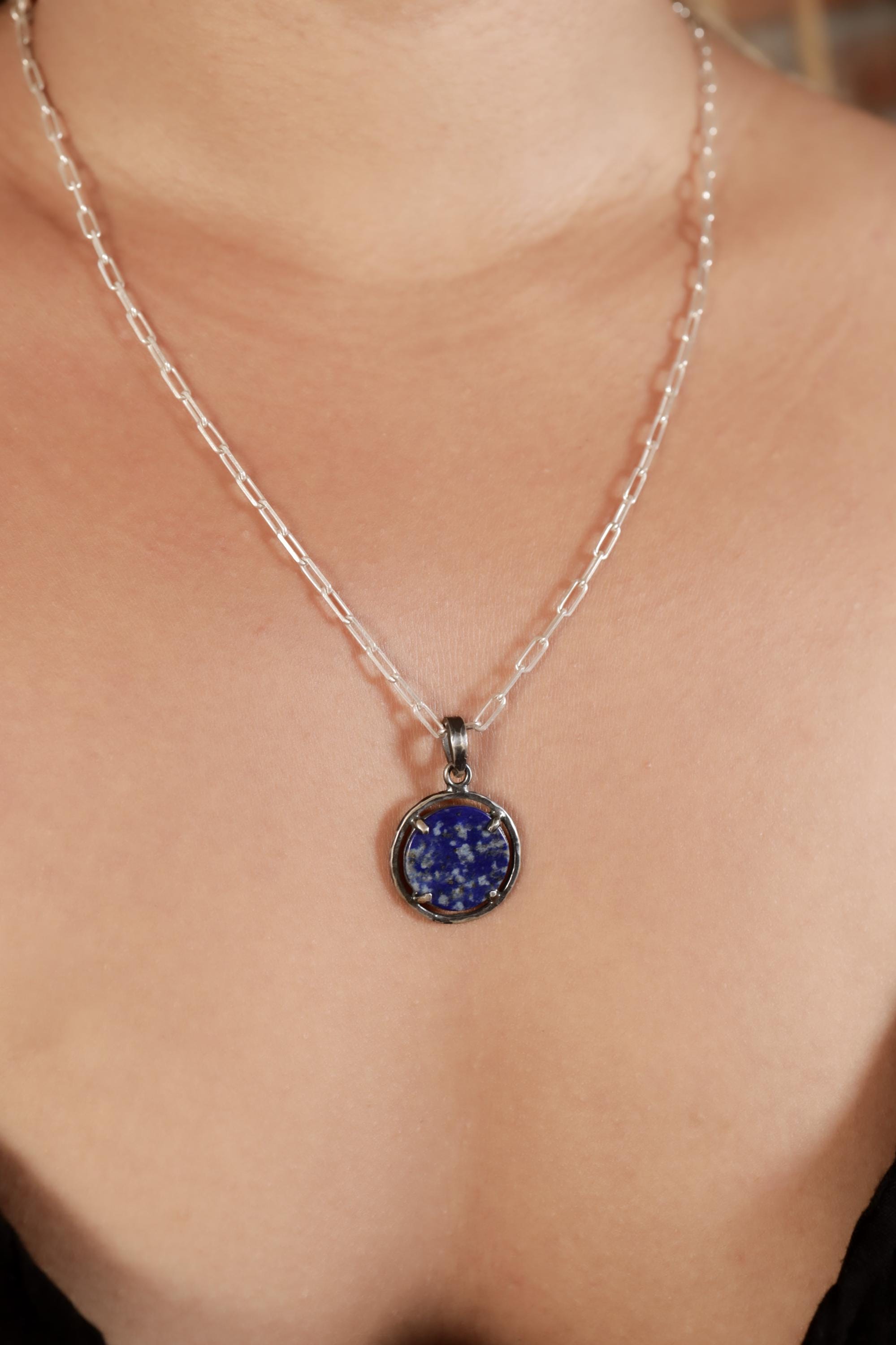 Wisdom & Sparkle: Lapis Lazuli and Pyrite - Oxidised Sterling Silver - Strong Claw Setting - Hammer Textured - Pendant Crystal Necklace