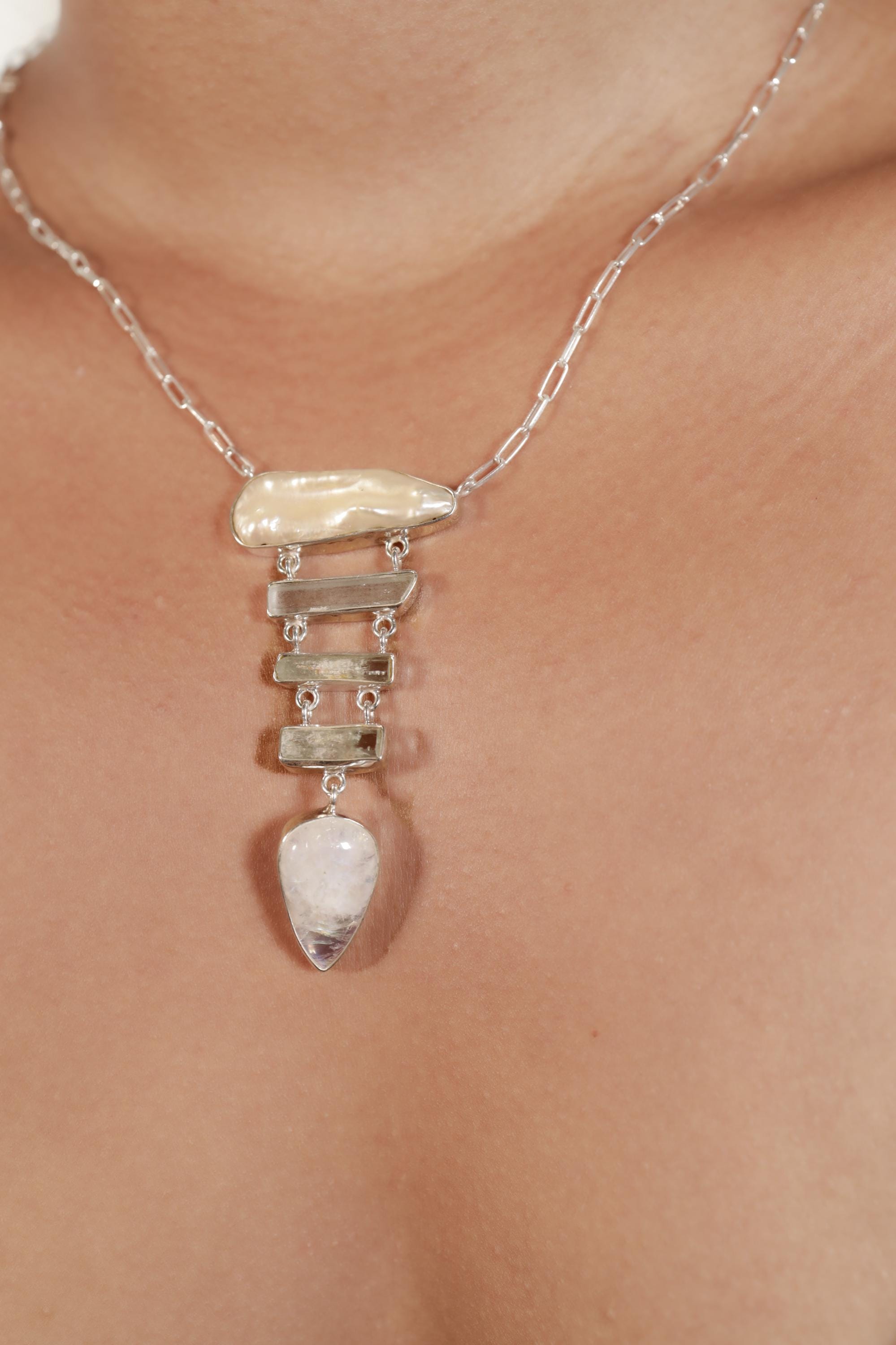 Raw Pearl, Himalayan Aquamarine & Blue Moonstone Pendant, Sterling Silver, Open Back, Spiritual Necklace, Chakra Healing, Gift for Pisces