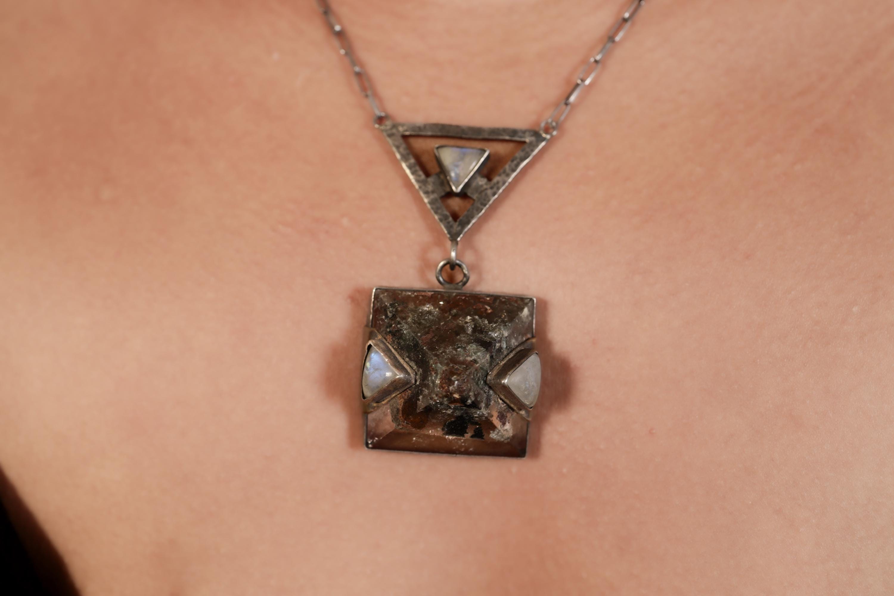 Triangle Moonstone & Himalayan Chlorite Quartz Necklace, Cancer and Scorpio Zodiac, Hammered Texture, Oxidized Finish, Spiritual Growth