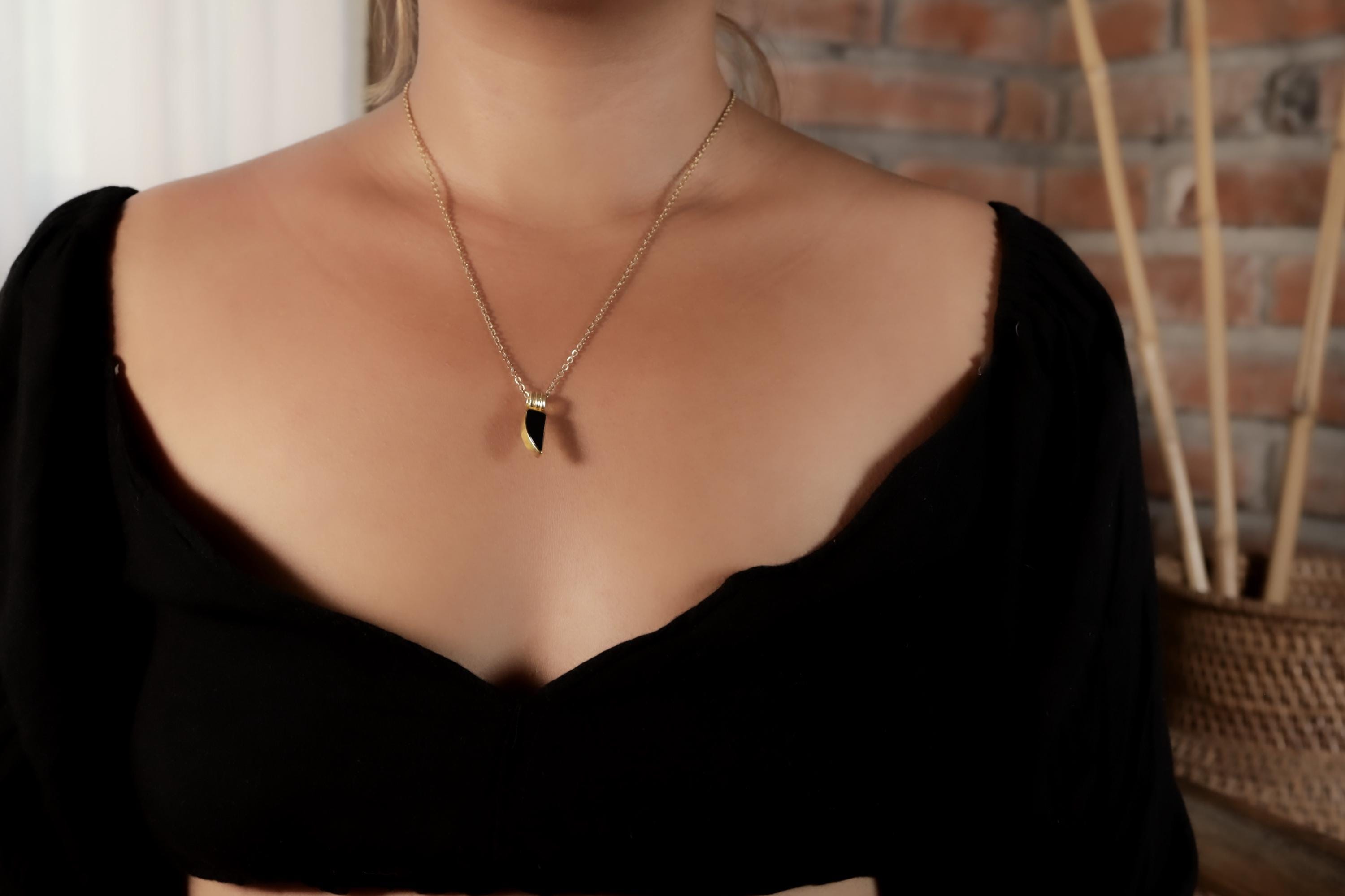 Small Onyx Triangle Tooth Pendant, Sterling Silver, Root Chakra, Protection,Unique Gift, 18k Gold-Plated, Root Chakra Protection & Stability