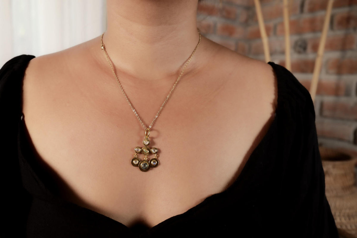 Five Blue Moonstones, Faceted Ethiopian Opal & Labradorite Pendant, 18K Gold-Plated Sterling Silver, Hammer Textured, Unique Gift