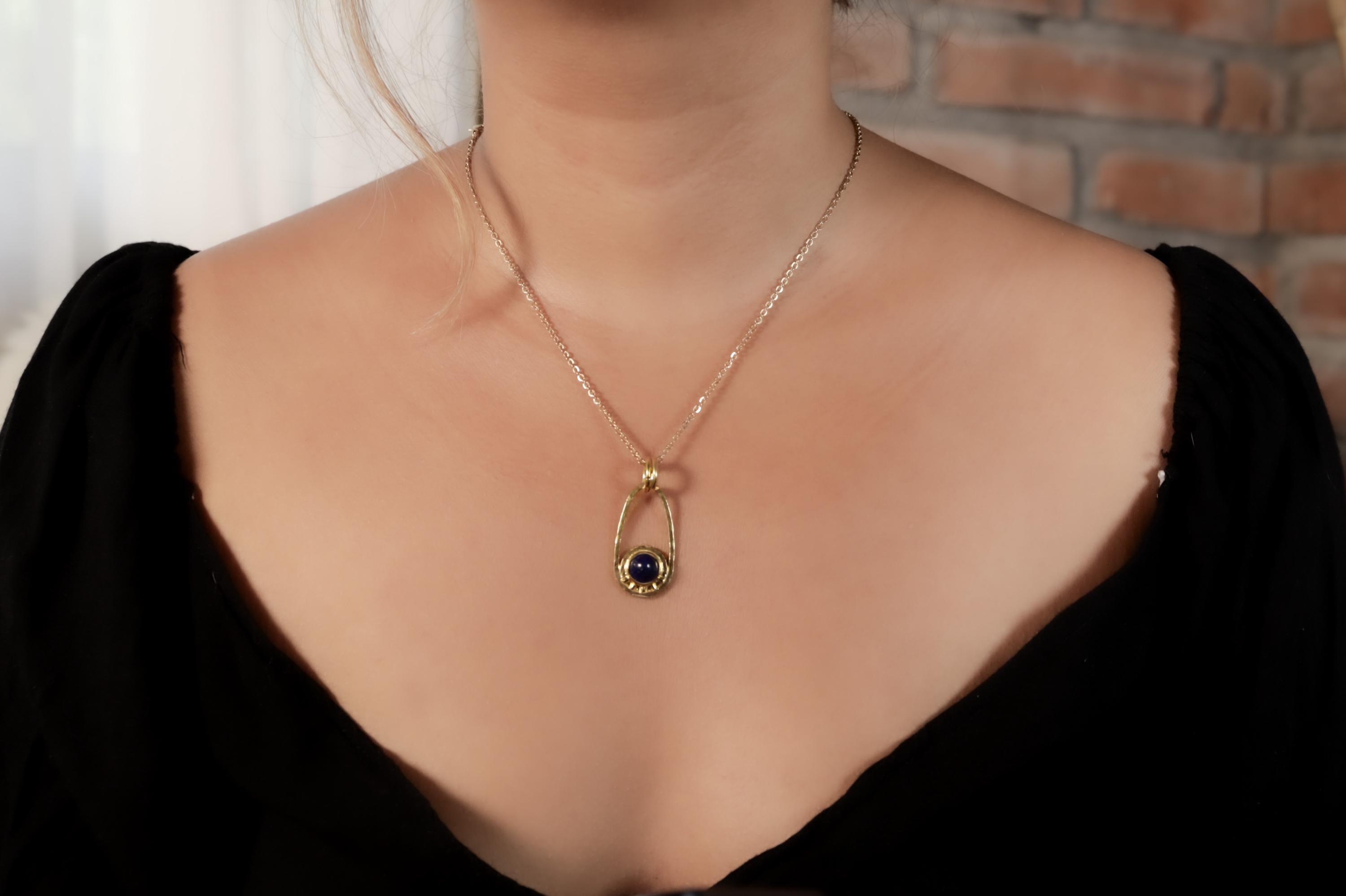 Round Lapis Lazuli Cab Pendant, Textured Sterling Silver, Sun & Moon Design, Throat Chakra, Sagittarius Zodiac, Unique Gift, 18K Gold Plated