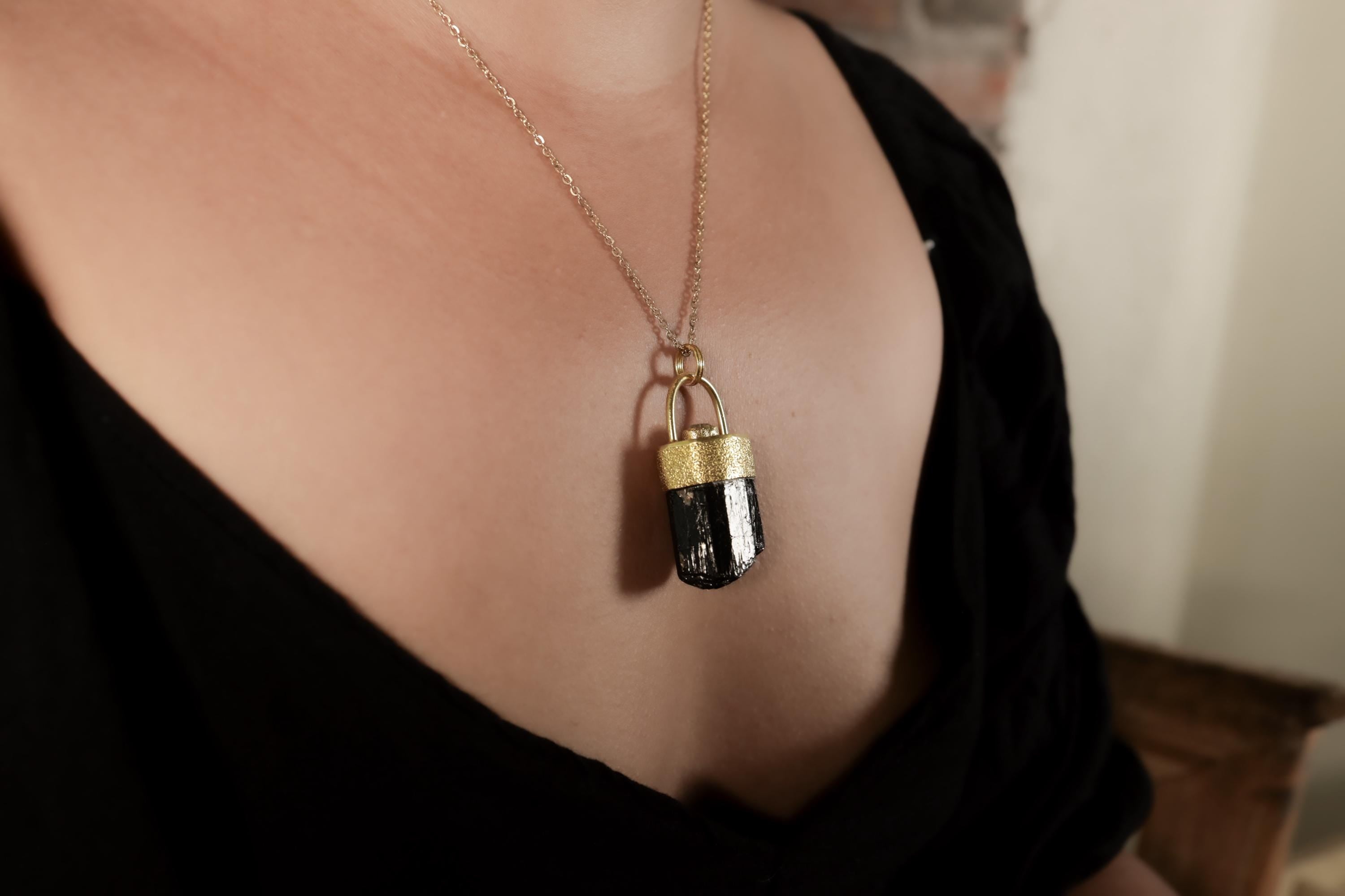 Himalayan Dravite Tourmaline Pendant: Textured Sterling Silver, 18K Gold-Plated