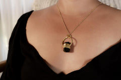 Black Tourmaline Moonstone Pendant: Sand Texture Sterling Silver, 18k Gold Plated