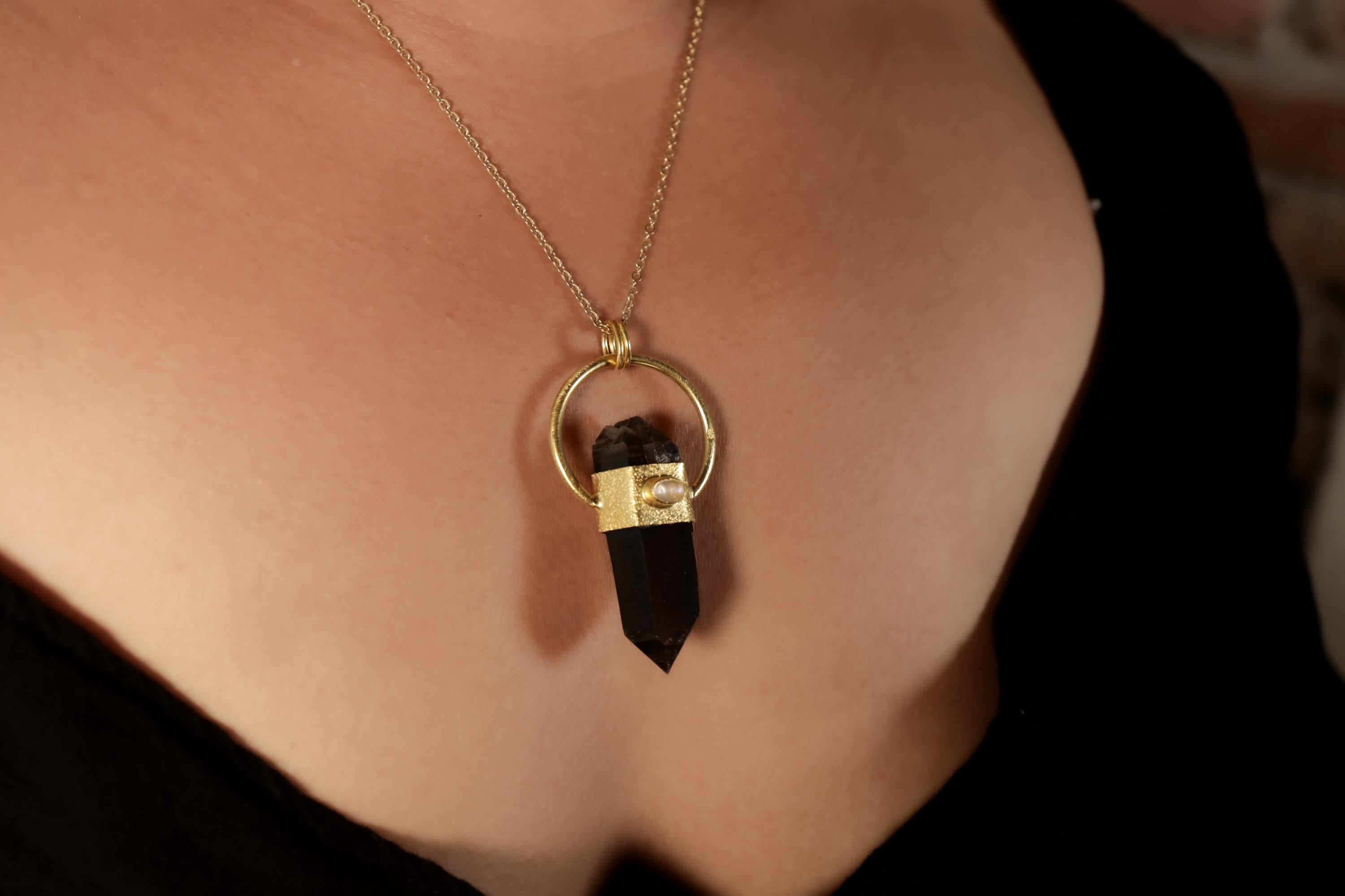 Double Terminated Smoky Cathedral Quartz & Moonstone Sterling Silver Textured Pendant, Glen Innes Quartz 18K Gold-Plated Scorpio Unique Gift