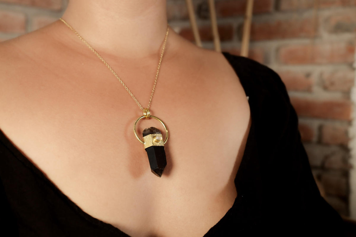 Double Terminated Smoky Cathedral Quartz & Moonstone Sterling Silver Textured Pendant, Glen Innes Quartz 18K Gold-Plated Scorpio Unique Gift