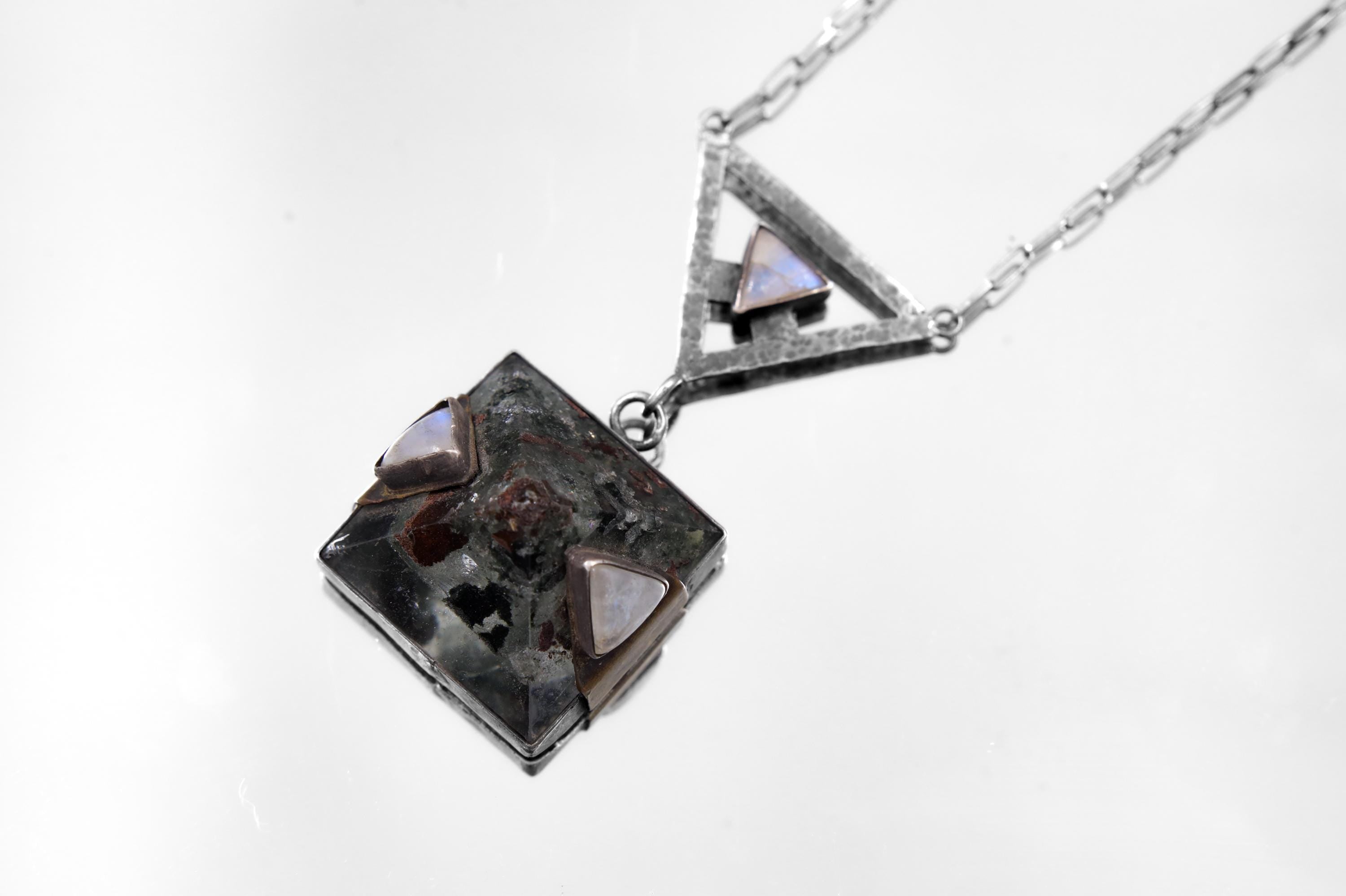 Triangle Moonstone & Himalayan Chlorite Quartz Necklace, Cancer and Scorpio Zodiac, Hammered Texture, Oxidized Finish, Spiritual Growth