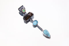Opal, Dravite Tourmaline, Aquamarine & Turquoise Necklace 925 Sterling Silver Hammered and Oxidized, Cancer Scorpio Zodiac, Spiritual Growth
