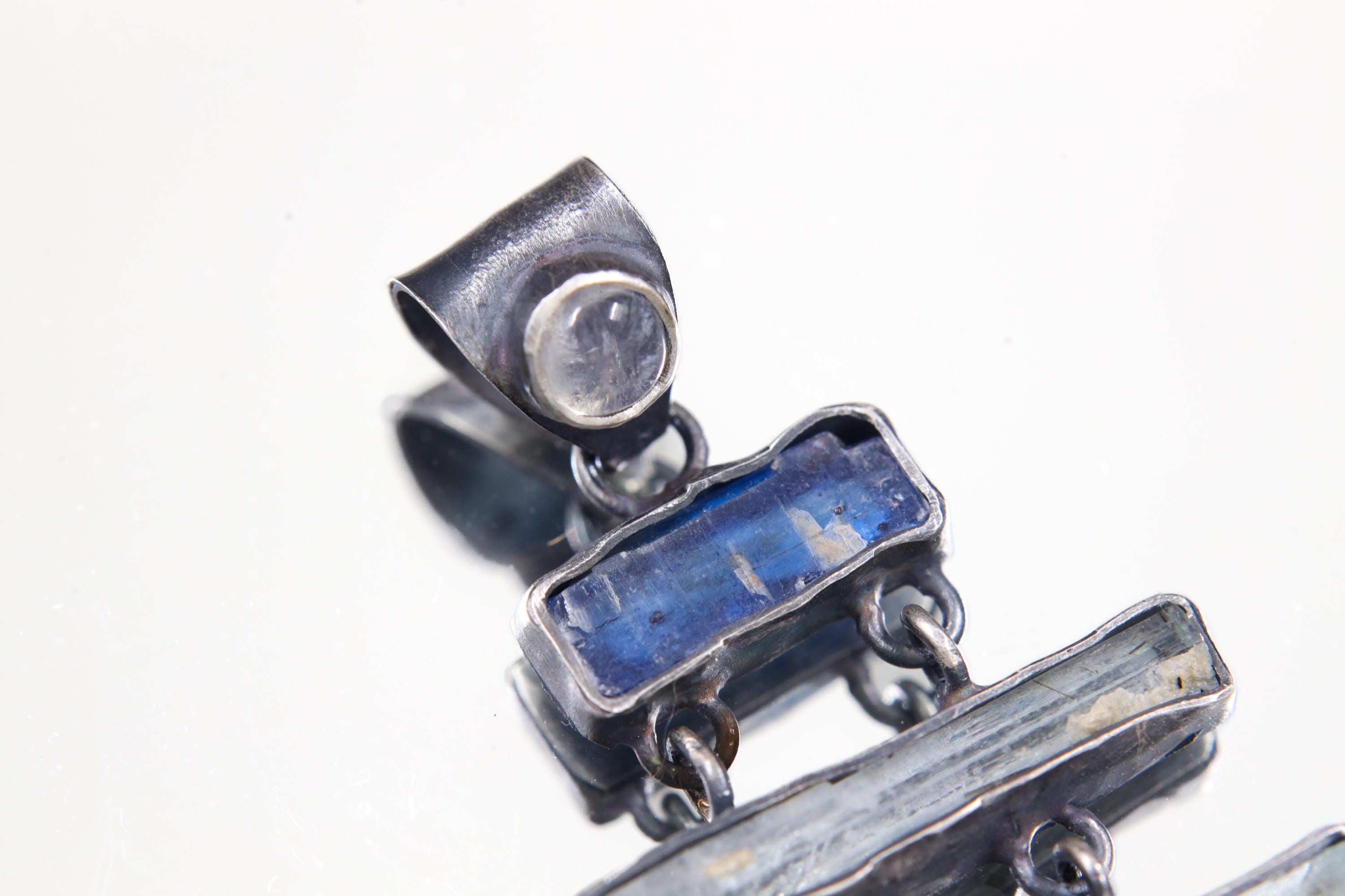 Round Moonstone, Square Kyanite, Aquamarine, Oval Apatite & Raw Amethyst Pendant, Oxidized Sterling Silver, Unique Gift, Zodiac Pisces