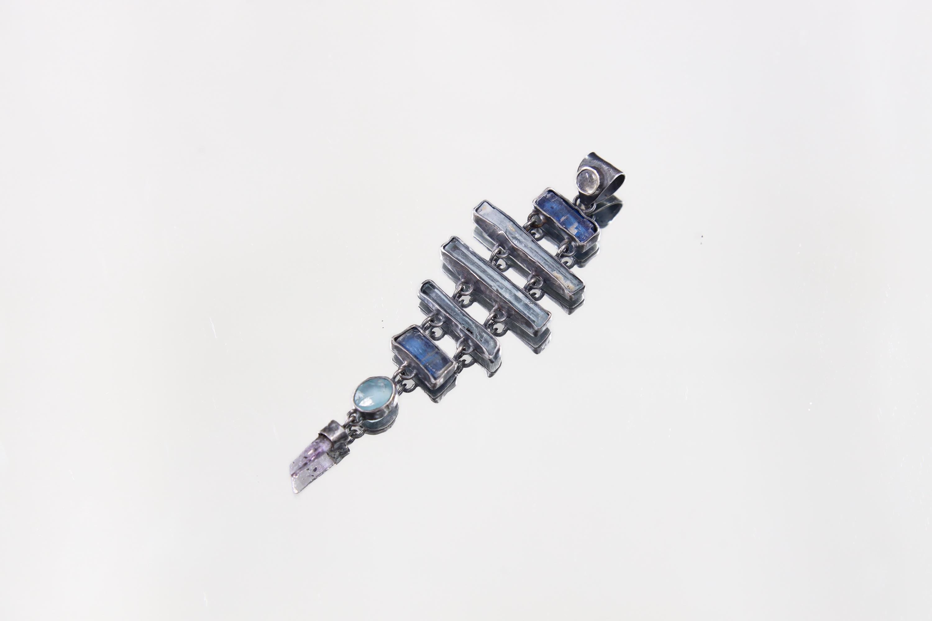 Round Moonstone, Square Kyanite, Aquamarine, Oval Apatite & Raw Amethyst Pendant, Oxidized Sterling Silver, Unique Gift, Zodiac Pisces