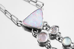 Opal, Rose Quartz, Aquamarine, Herkimer Diamond Pearl Pendant, 925 Sterling Silver Heart & Crown Chakra, Unique Gift, Boho Crystal Necklace