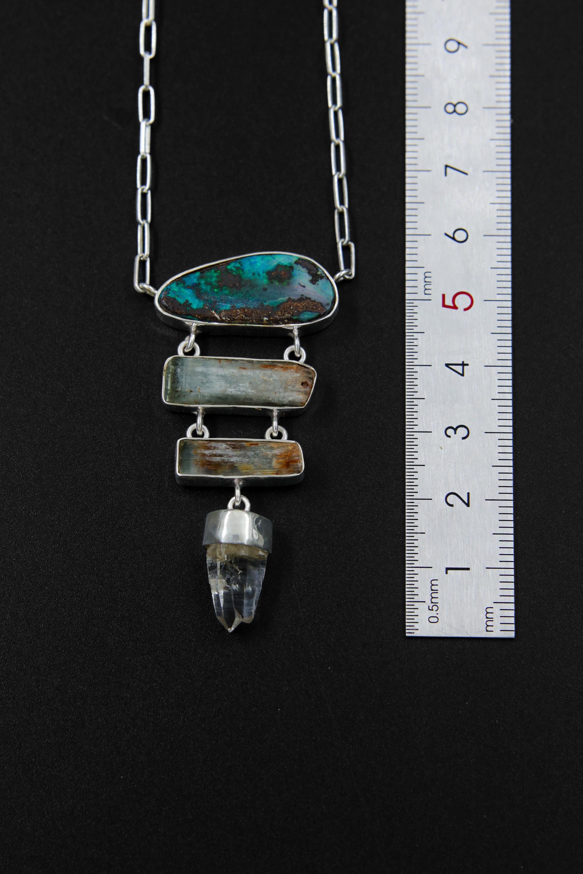 Australian Boulder Opal, Aquamarine & Lemurian Twin Quartz Pendant, Sterling Silver Spiritual Necklace, Chakra Healing, Gift for Adventurers