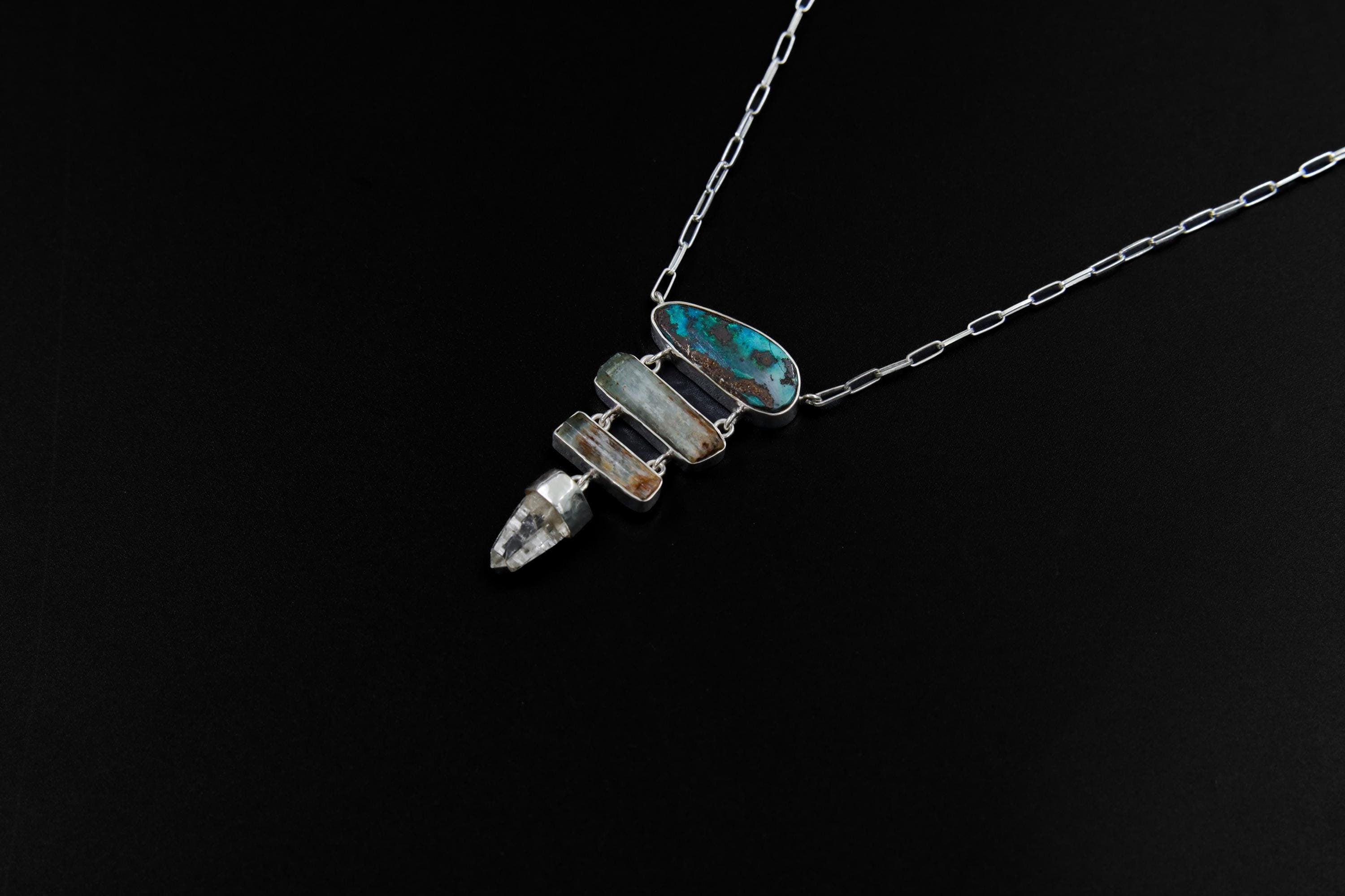 Australian Boulder Opal, Aquamarine & Lemurian Twin Quartz Pendant, Sterling Silver Spiritual Necklace, Chakra Healing, Gift for Adventurers
