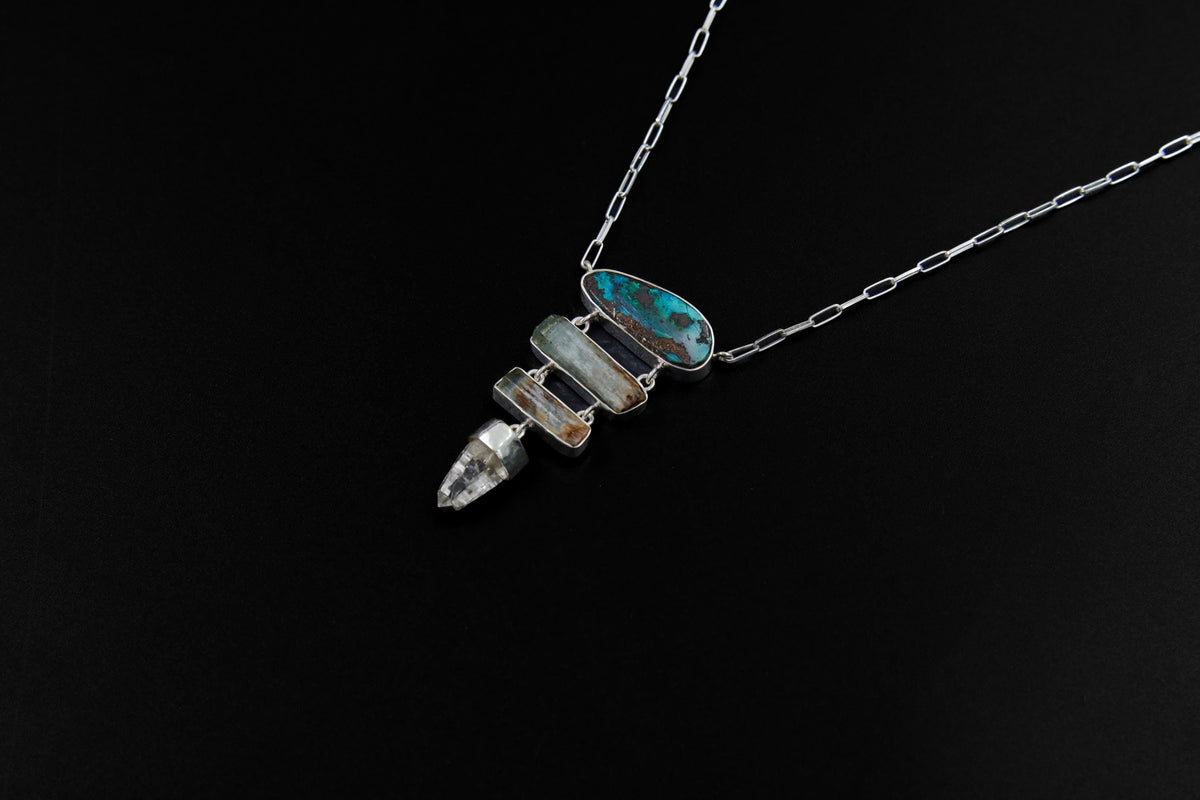 Australian Boulder Opal, Aquamarine & Lemurian Twin Quartz Pendant, Sterling Silver Spiritual Necklace, Chakra Healing, Gift for Adventurers