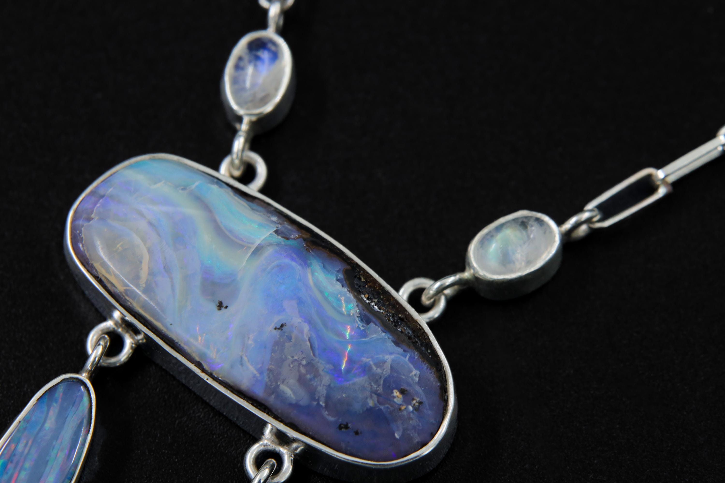 Australian Boulder Opal, Moonstone Pendant, Galactic Portal Opener Sterling Silver, Meditation, Imagination & Creativity Gift for a Dreamer