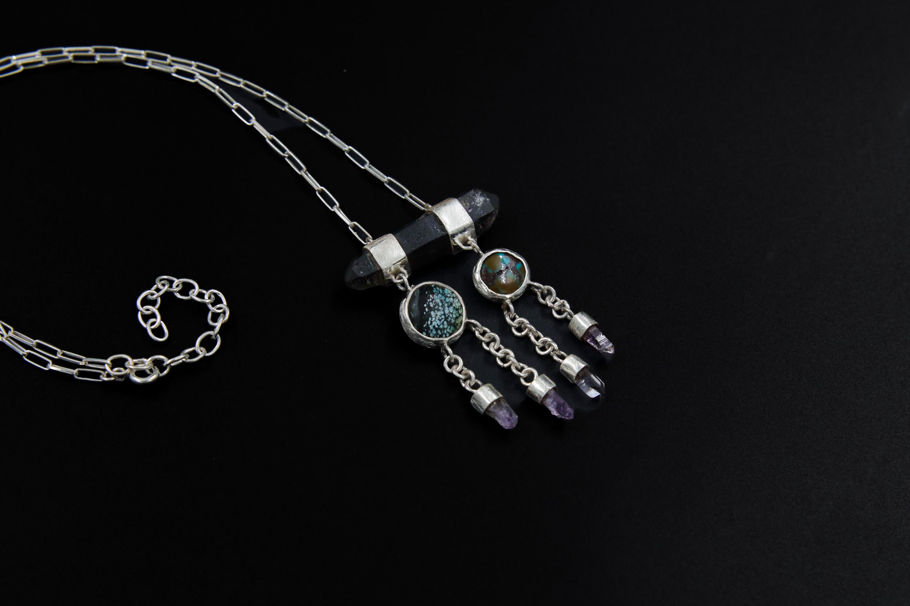 Smoky Quartz Dreamcatcher Pendant: Turquoise, Amethyst, Sterling Silver
