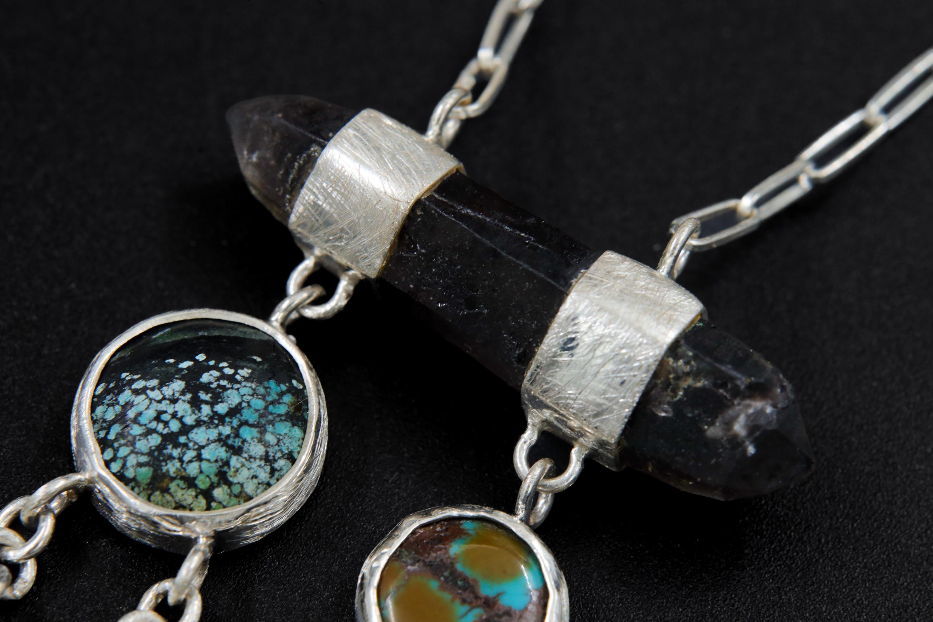 Smoky Quartz Dreamcatcher Pendant: Turquoise, Amethyst, Sterling Silver