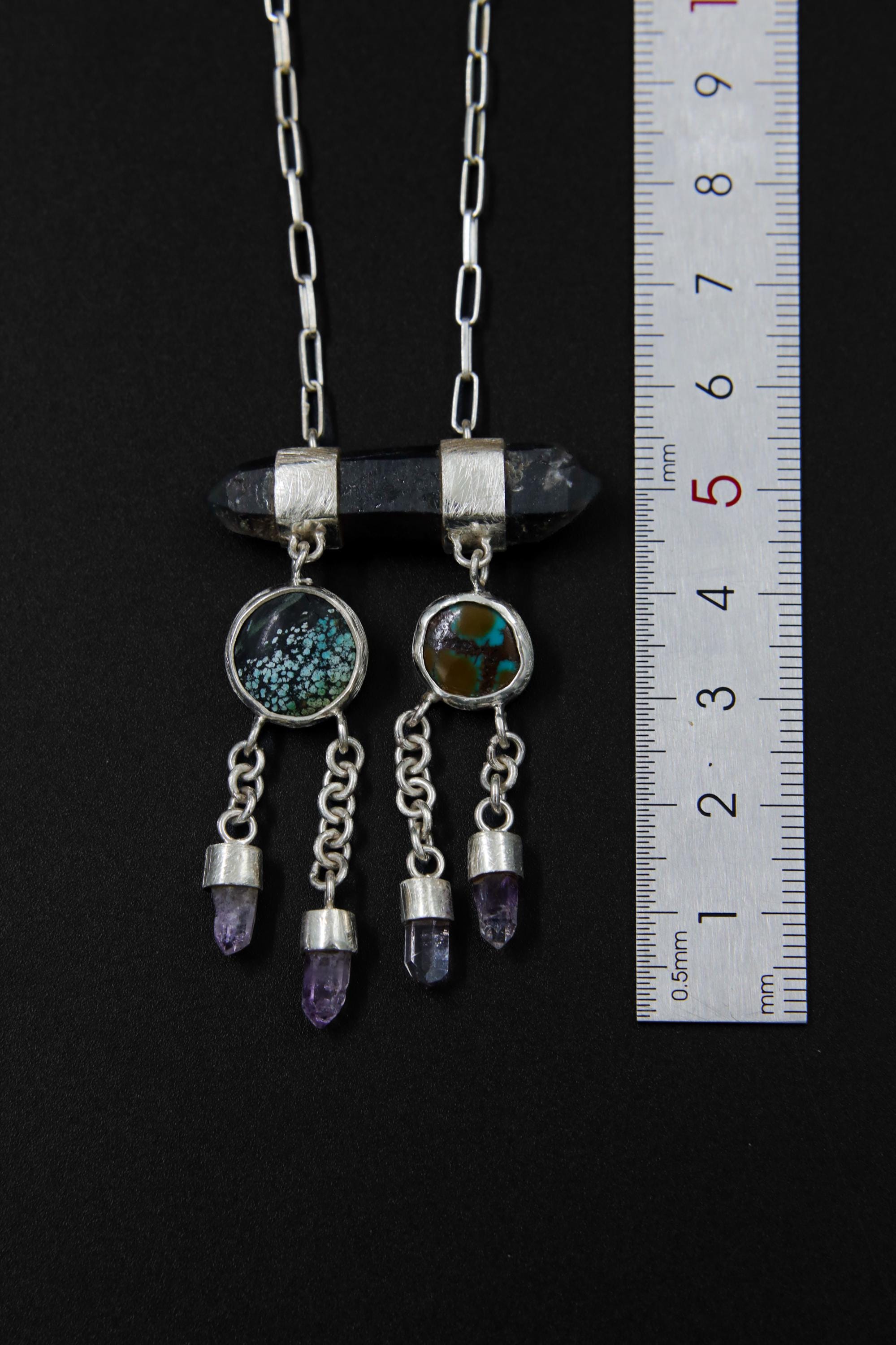 Smoky Quartz Dreamcatcher Pendant: Turquoise, Amethyst, Sterling Silver