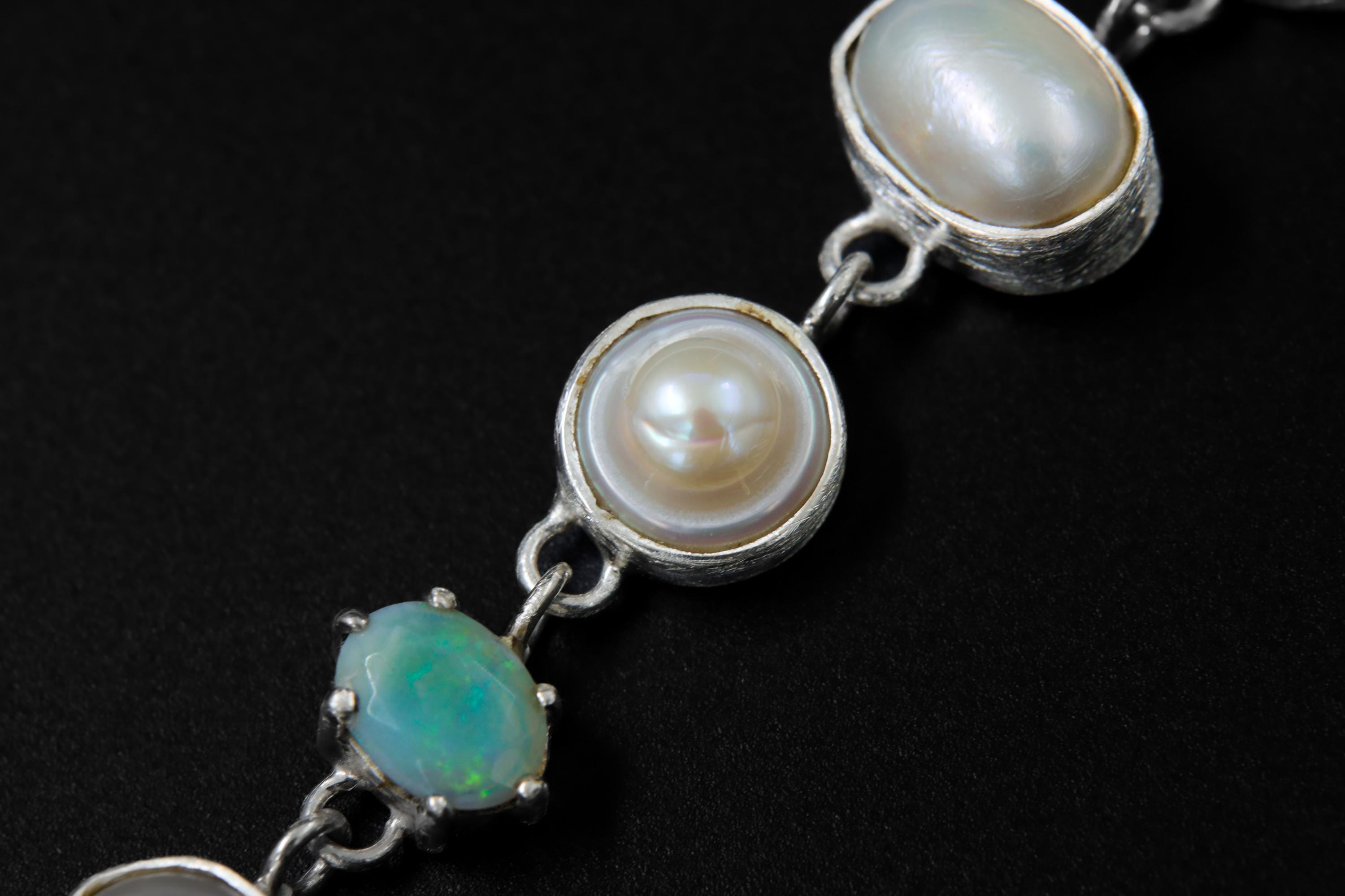 Raw Australian Opal & South Sea Pearl Necklace: Sterling Silver Brushed Bezel