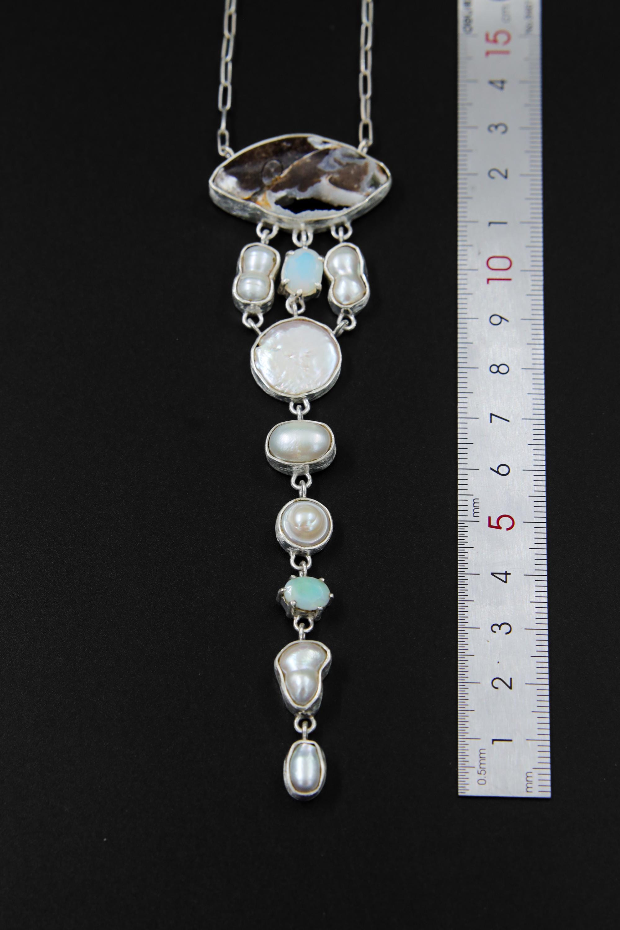 Raw Australian Opal & South Sea Pearl Necklace: Sterling Silver Brushed Bezel