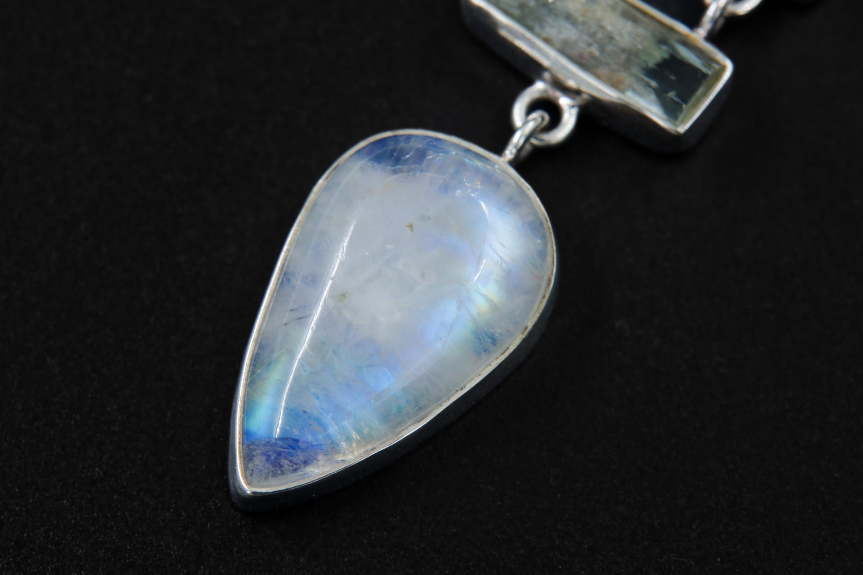 Raw Pearl, Himalayan Aquamarine & Blue Moonstone Pendant, Sterling Silver, Open Back, Spiritual Necklace, Chakra Healing, Gift for Pisces