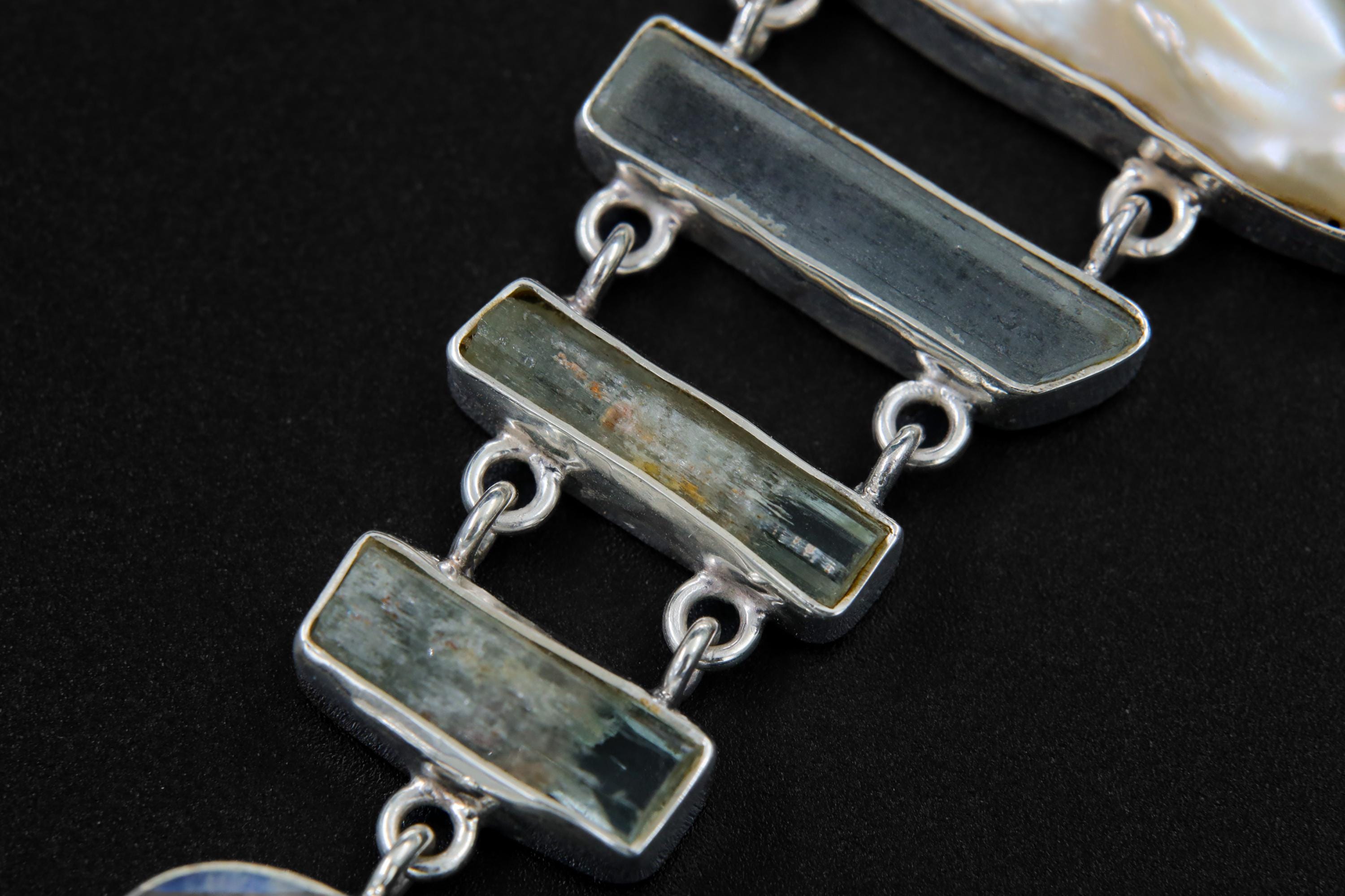 Raw Pearl, Himalayan Aquamarine & Blue Moonstone Pendant, Sterling Silver, Open Back, Spiritual Necklace, Chakra Healing, Gift for Pisces