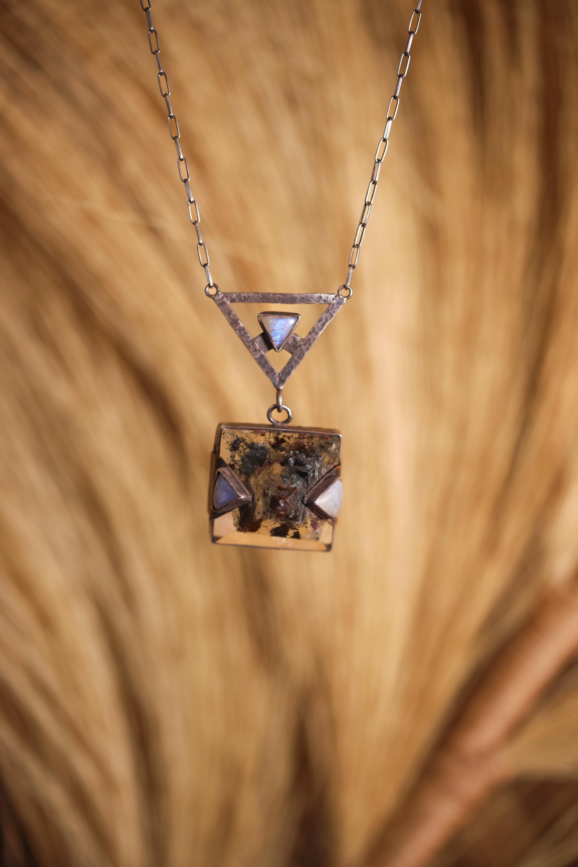 Triangle Moonstone & Himalayan Chlorite Quartz Necklace, Cancer and Scorpio Zodiac, Hammered Texture, Oxidized Finish, Spiritual Growth