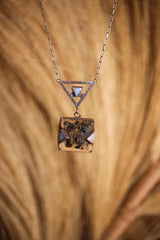 Triangle Moonstone & Himalayan Chlorite Quartz Necklace, Cancer and Scorpio Zodiac, Hammered Texture, Oxidized Finish, Spiritual Growth