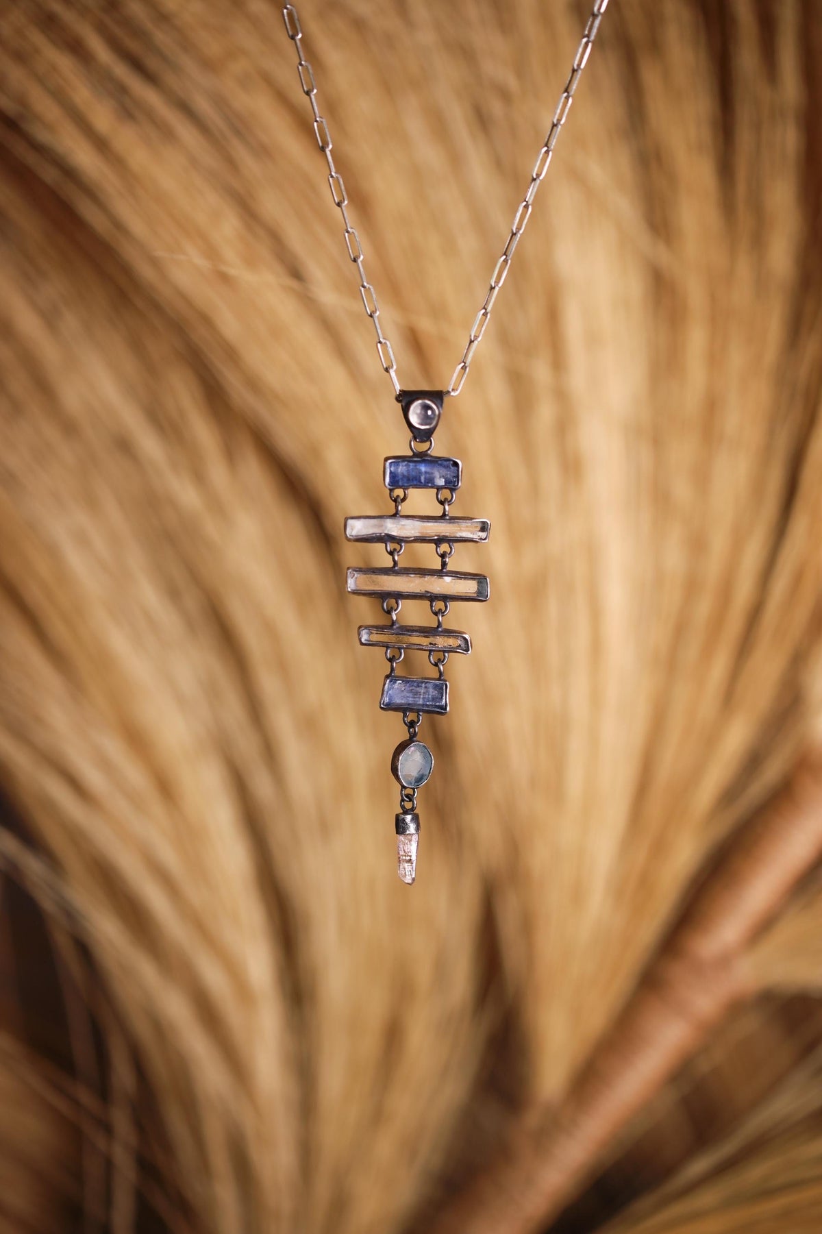 Round Moonstone, Square Kyanite, Aquamarine, Oval Apatite & Raw Amethyst Pendant, Oxidized Sterling Silver, Unique Gift, Zodiac Pisces