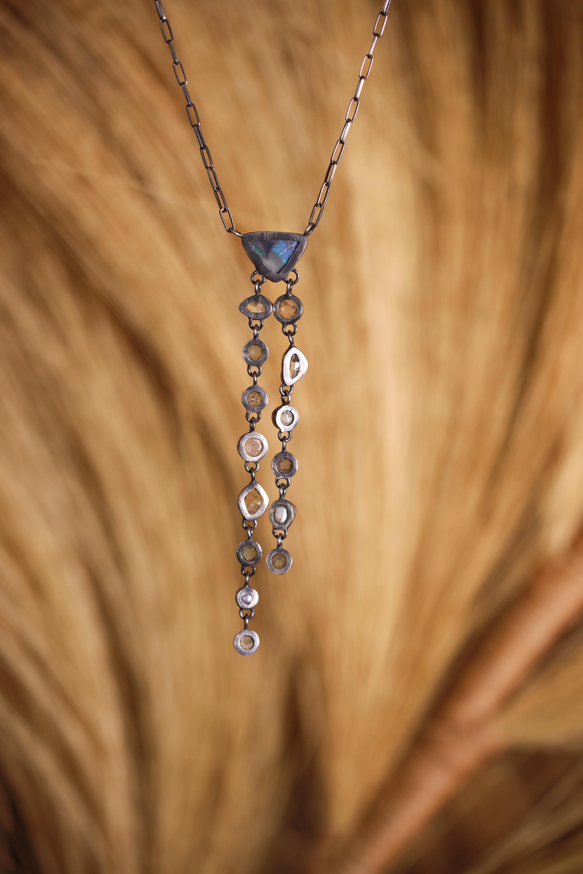 Multi-Crystal Sterling Silver Pendant: Opal, Rose Quartz, Aquamarine Necklace