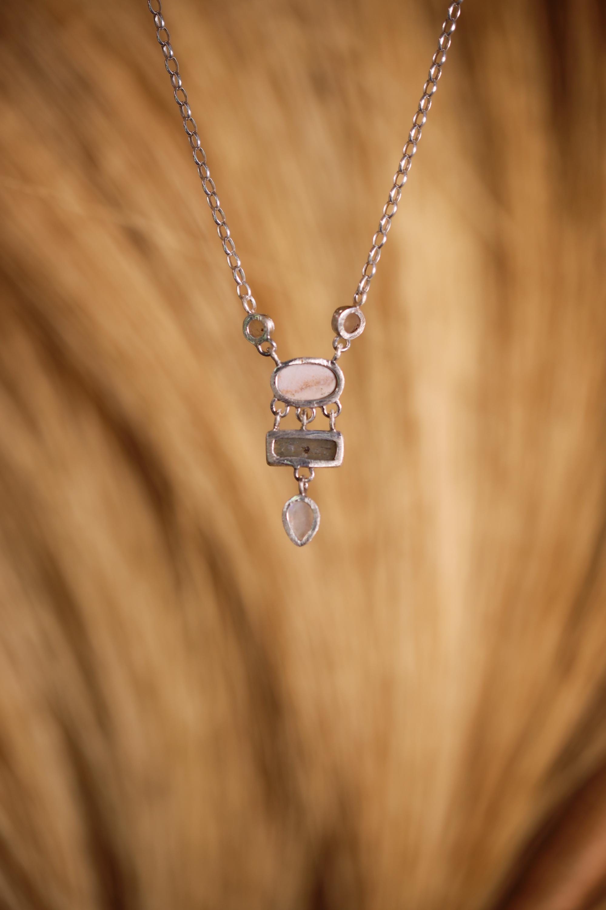 Opal, Rose Quartz & Moonstone Necklace: Sterling Silver Gemstone Pendant