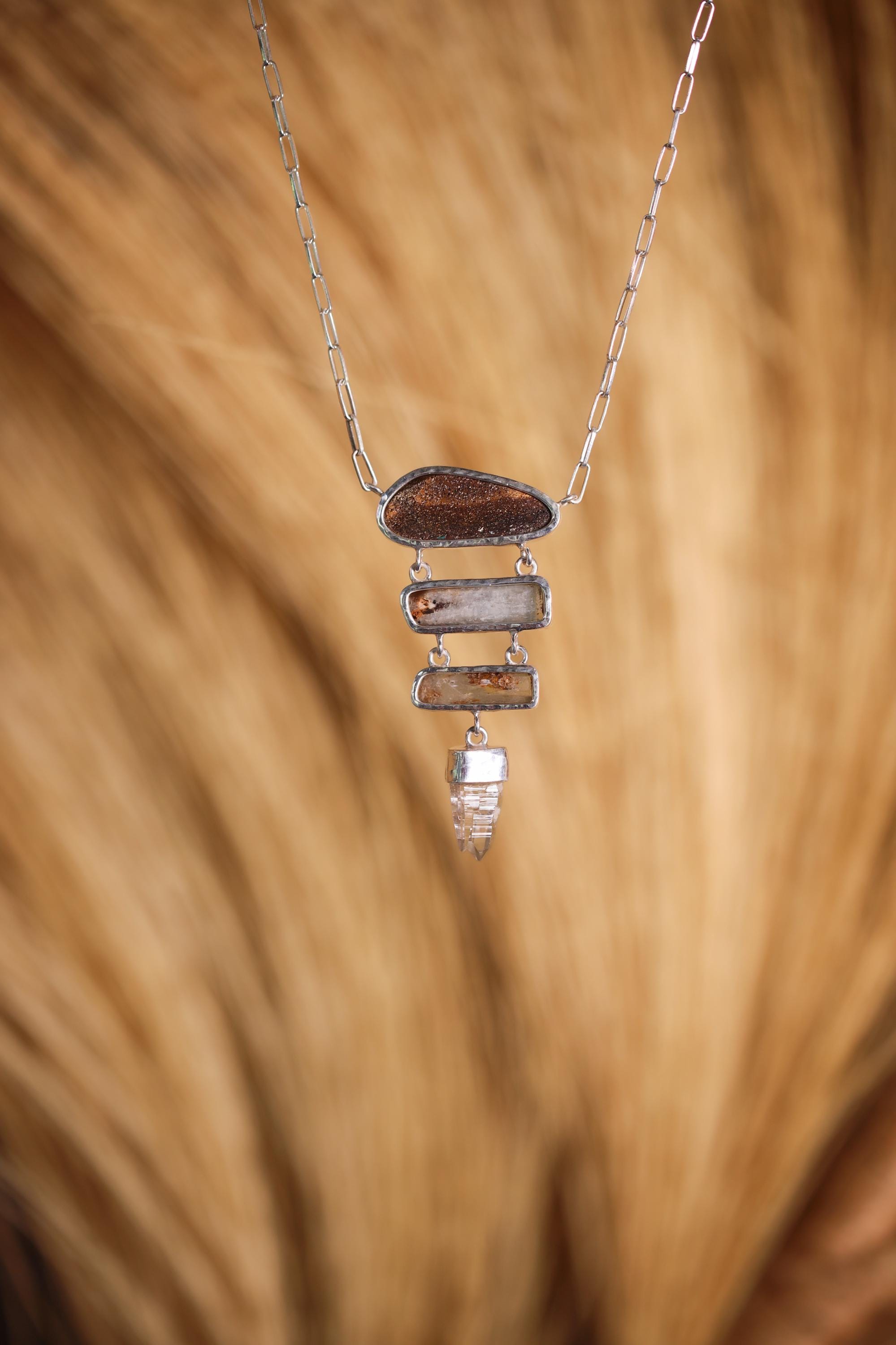 Australian Boulder Opal, Aquamarine & Lemurian Twin Quartz Pendant, Sterling Silver Spiritual Necklace, Chakra Healing, Gift for Adventurers