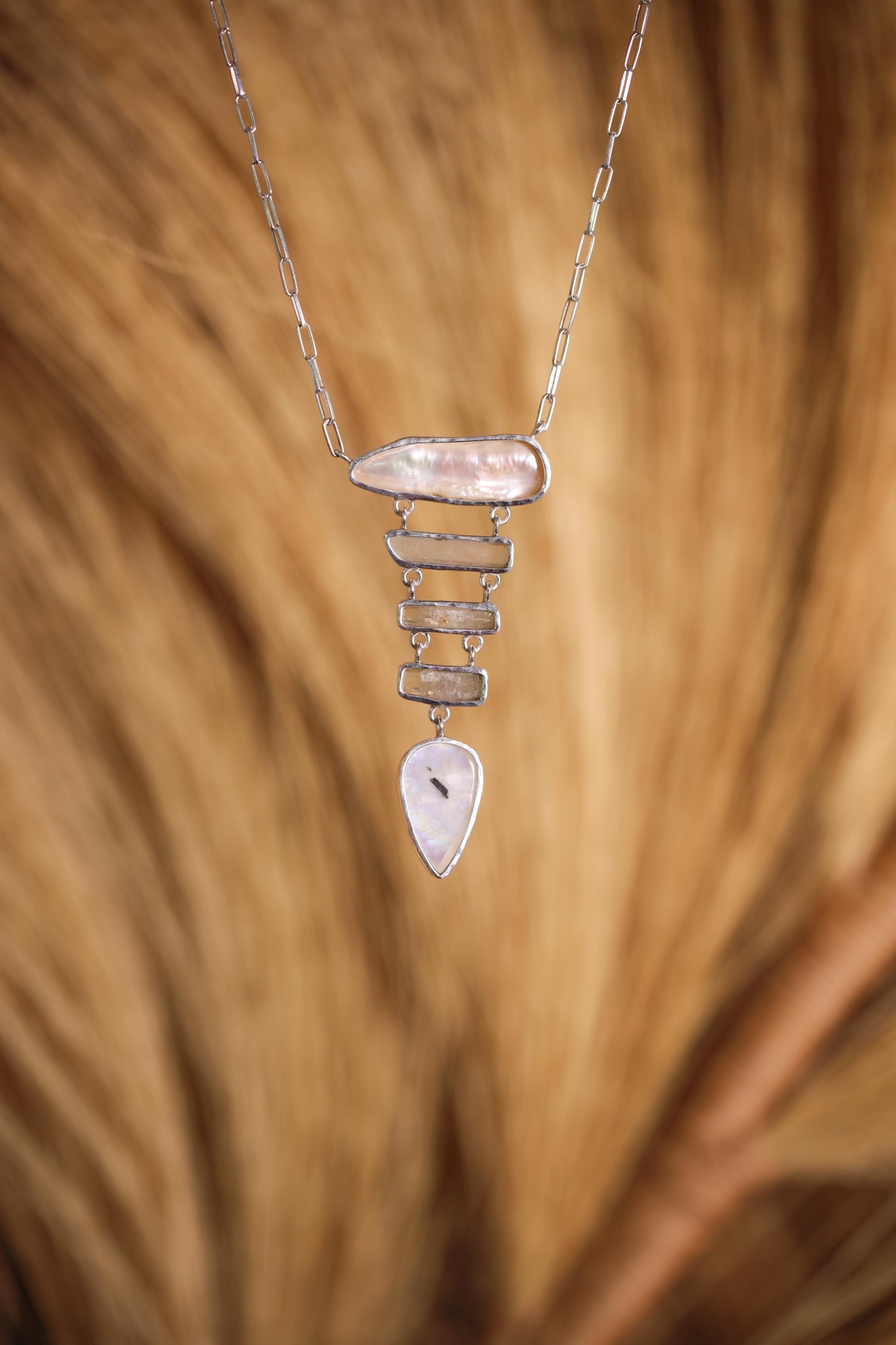 Raw Pearl Aquamarine Moonstone Pendant: Sterling Silver Spiritual Necklace