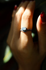 Blue Oval Moonstone Ring - Rustic Boho Stack Ring - Hammered Oxidised Triangle Band - 925 Sterling Silver - Size 4.5 - 8 US